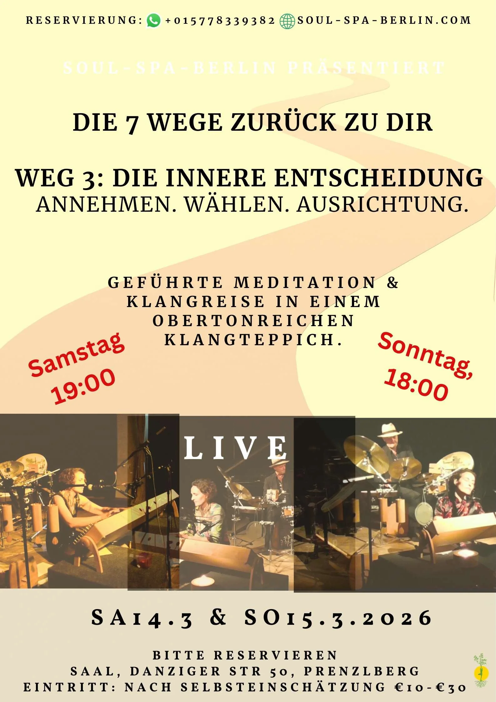 Veranstaltungsplakat für das exklusive Live Theta-Traumreisen-Event in Berlin – geführte Meditationen und Klangbegleitung im Soul Spa Berlin.