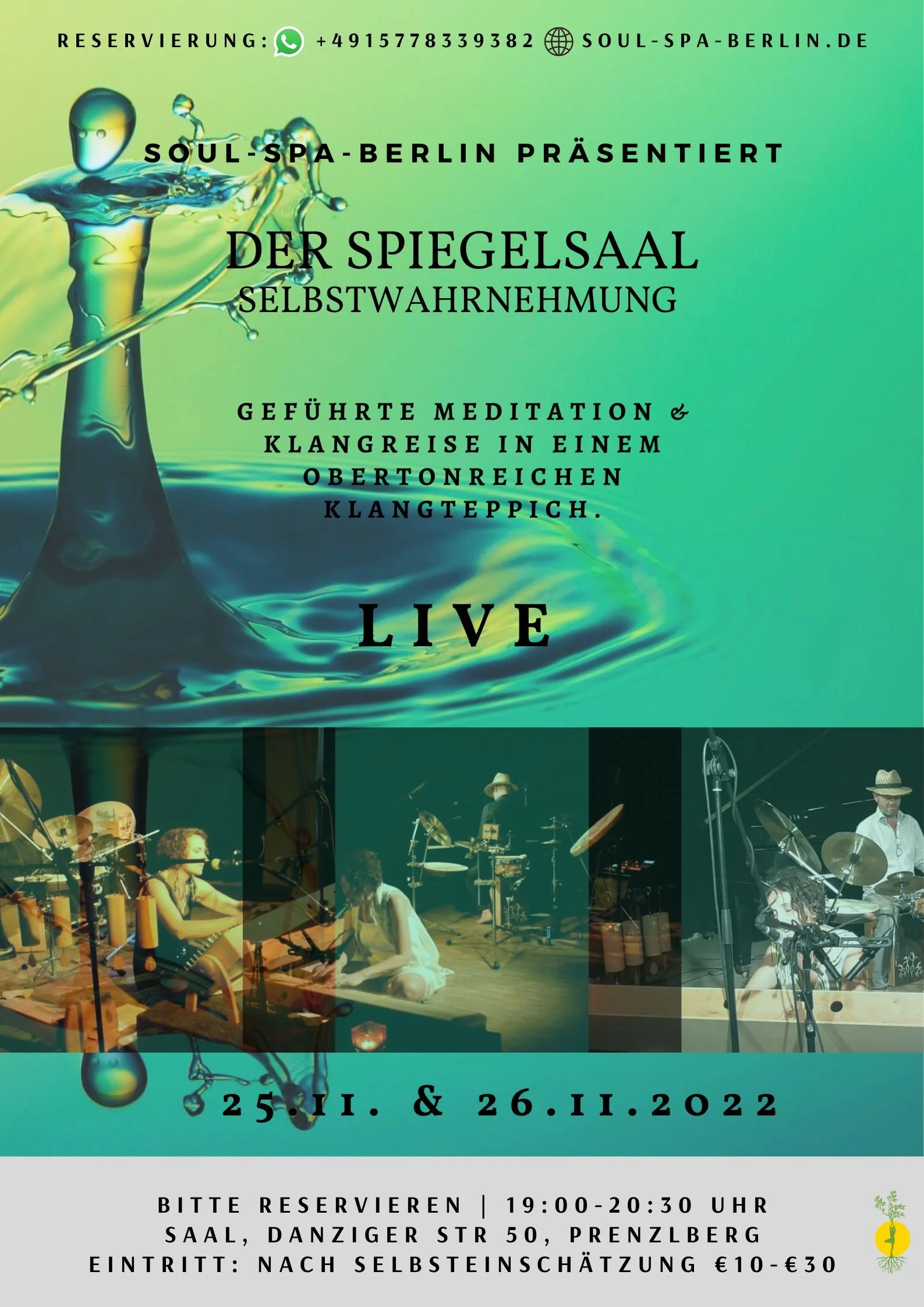 Veranstaltungsplakat für das exklusive Live Theta-Traumreisen-Event in Berlin – geführte Meditationen und Klangbegleitung im Soul Spa Berlin.