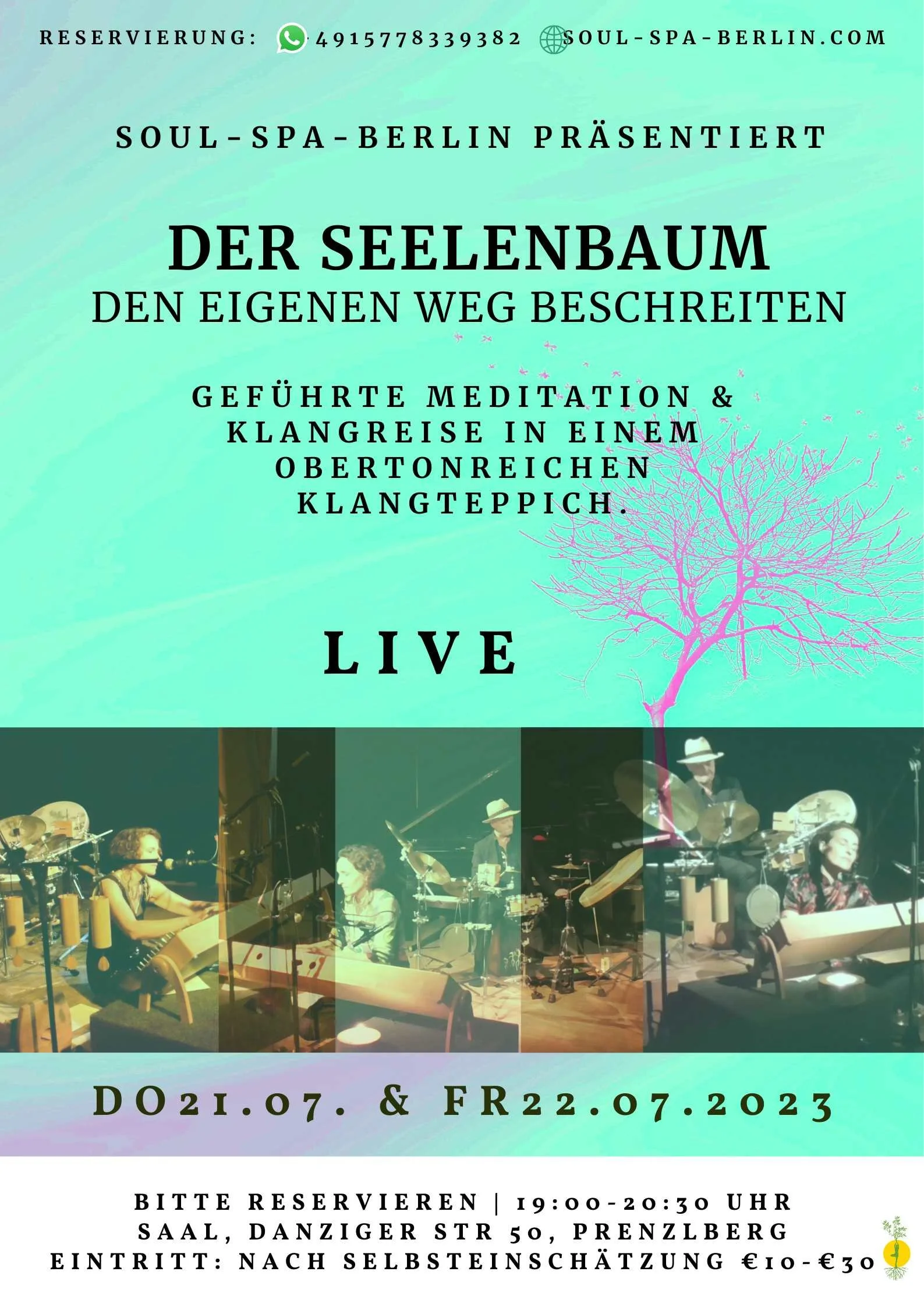 Veranstaltungsplakat für das exklusive Live Theta-Traumreisen-Event in Berlin – geführte Meditationen und Klangbegleitung im Soul Spa Berlin.