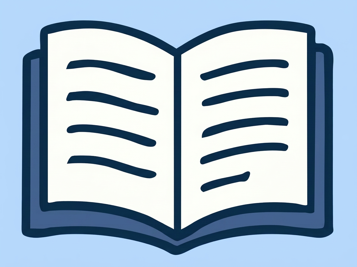Eine einfache Illustration eines offenen Buches mit schwarzen Linien auf weißen Seiten vor einem hellblauen Hintergrund.