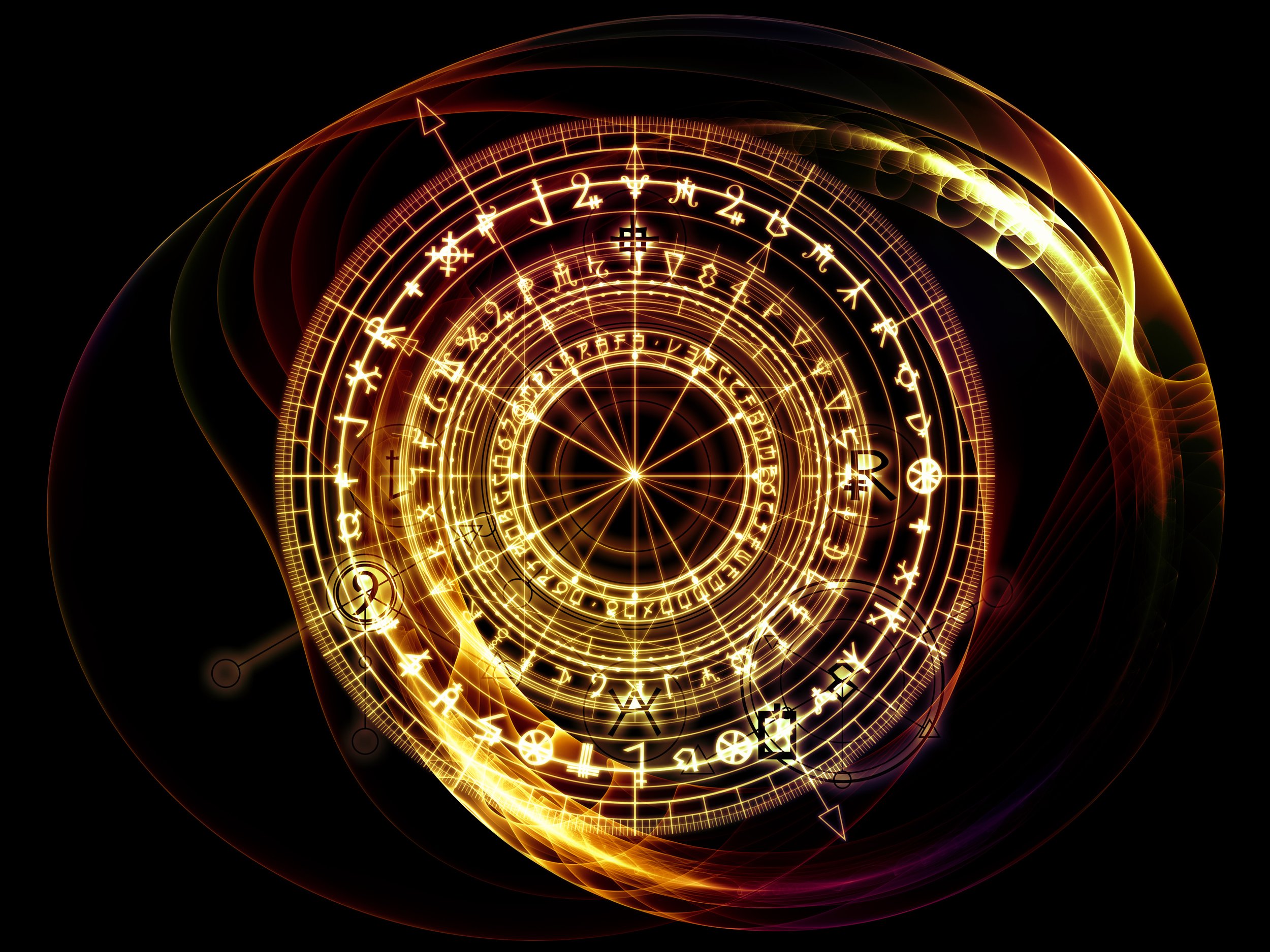 Ein leuchtendes, spiralförmiges mystisches Sternenrad mit runenartigen Symbolen und astrologischen Zeichen für die persönliche Matrix verbindet I Ging, Gematria und Tzolkin zu einer individuellen Landkarte