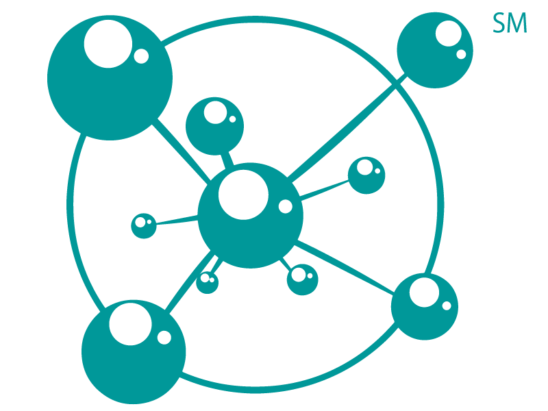Diagramm mit mehreren blauen Kreisen, die durch Linien verbunden sind, auf schwarzem Hintergrund, mit der Markierung 'SM' oben rechts als Logo für QHHT Berlin nach Dolores Cannon.