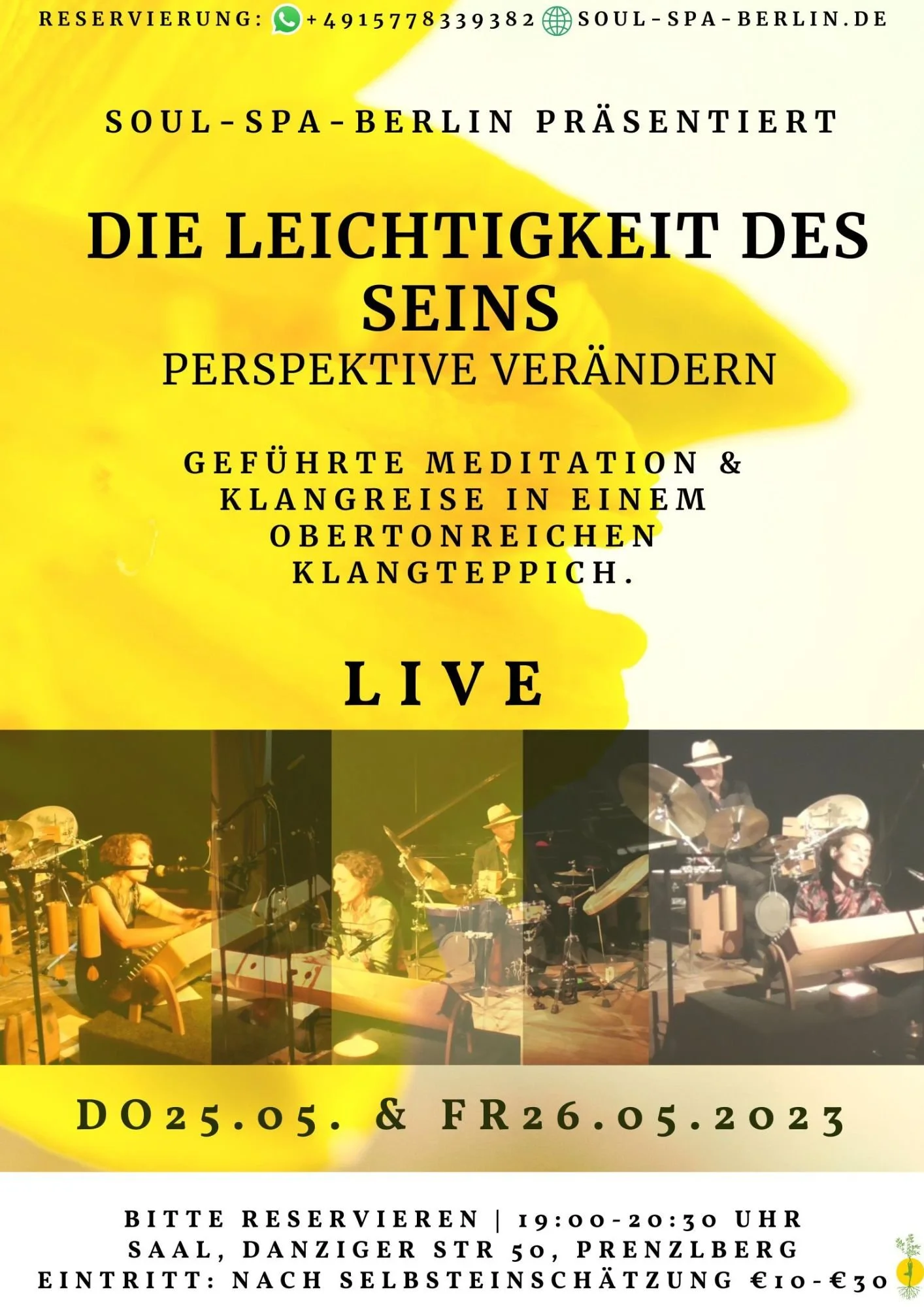 Veranstaltungsplakat für das exklusive Live Theta-Traumreisen-Event in Berlin – geführte Meditationen und Klangbegleitung im Soul Spa Berlin.