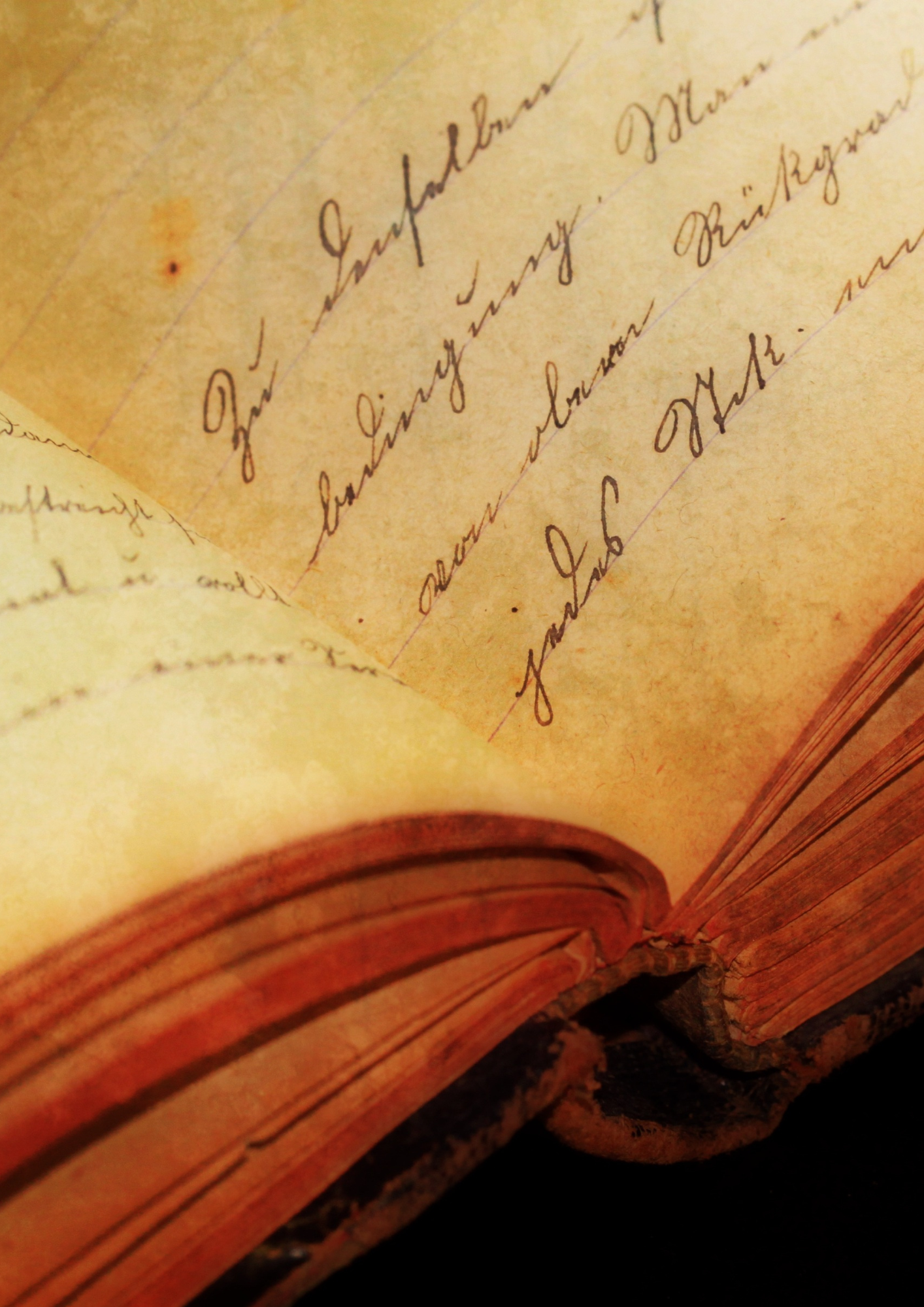 Handgeschriebener Text auf alter, vergilbter Papierseite, Teil eines Buches, mit komplexen, eleganten Buchstaben, in sepia- und brauntönen.
