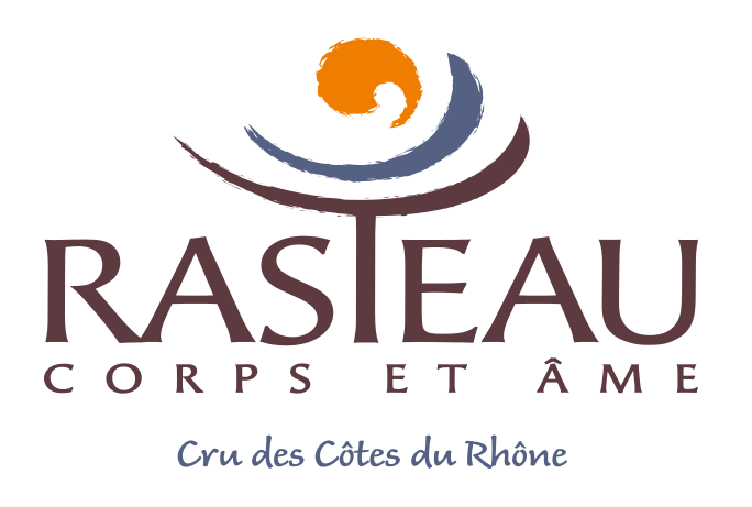 Logo for Rasteau winery featuring a stylized swirl with an orange top, followed by the text 'Rasteau' and the tagline 'Corps et âme' with a subtitle 'Cru des Côtes du Rhône'