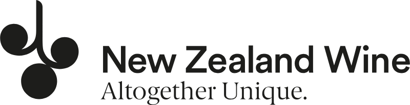 Logo of New Zealand Wine with a stylized black grape cluster and the text 'New Zealand Wine, Altogether Unique.'