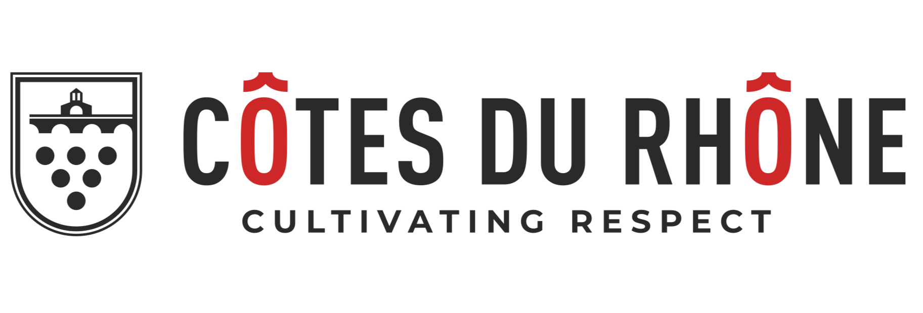 Logo for Côtes du Rhône with a shield emblem featuring a bridge and grapes, and the text "Côtes du Rhône" with accents on the O's and a tagline "Cultivating Respect."