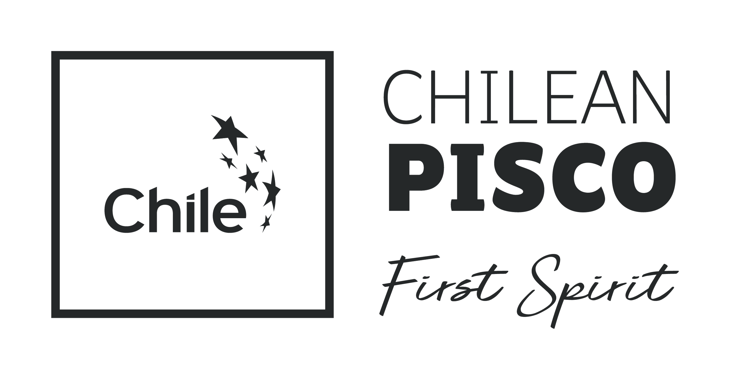 Logo for Chilean Pisco featuring a map of Chile with stars and the text 'Chile Chilean Pisco First Spirit'.