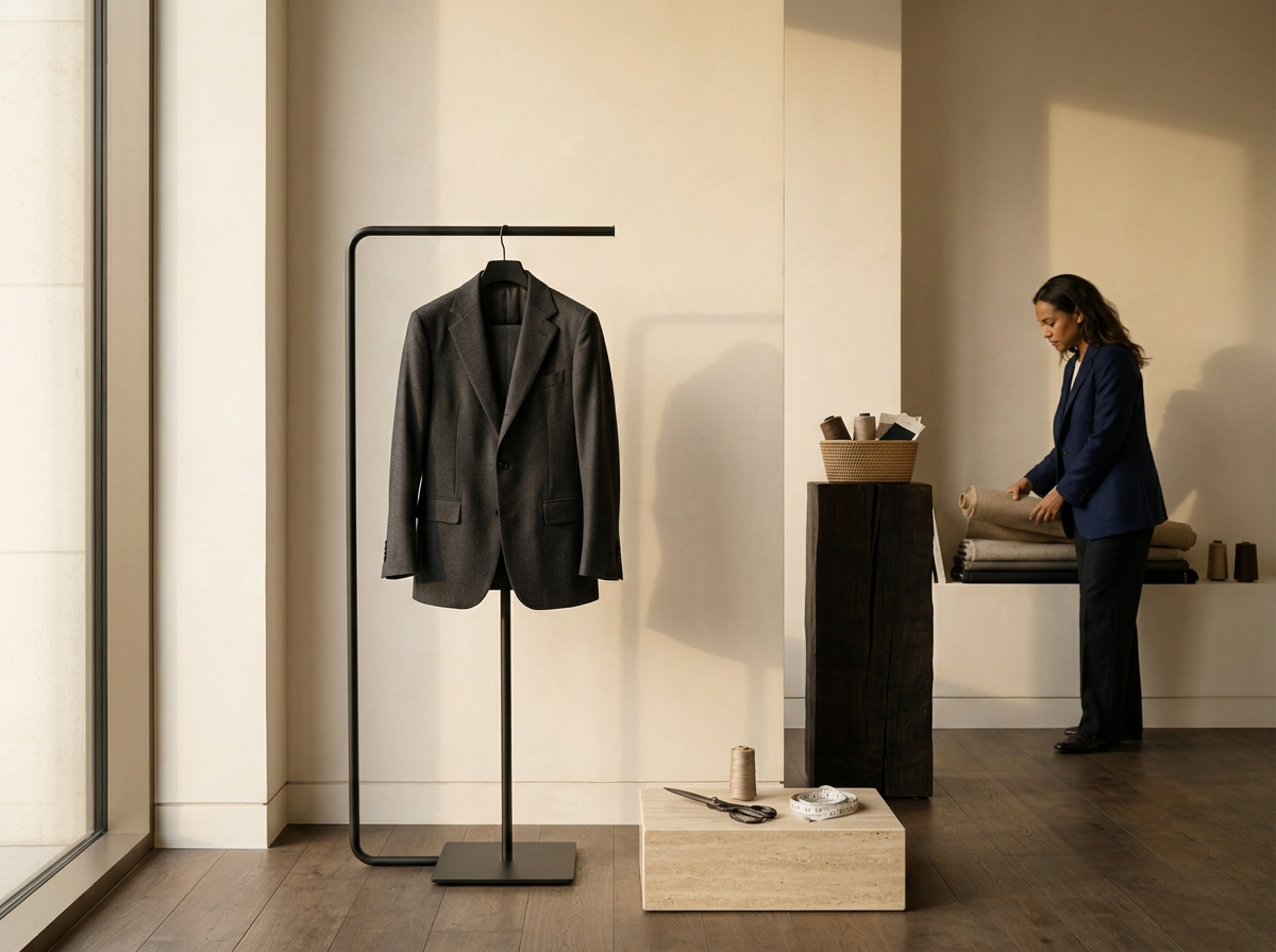 A woman in a blue blazer organizing fabric rolls in a store or showroom with a grey blazer on a clothing rack in the foreground.