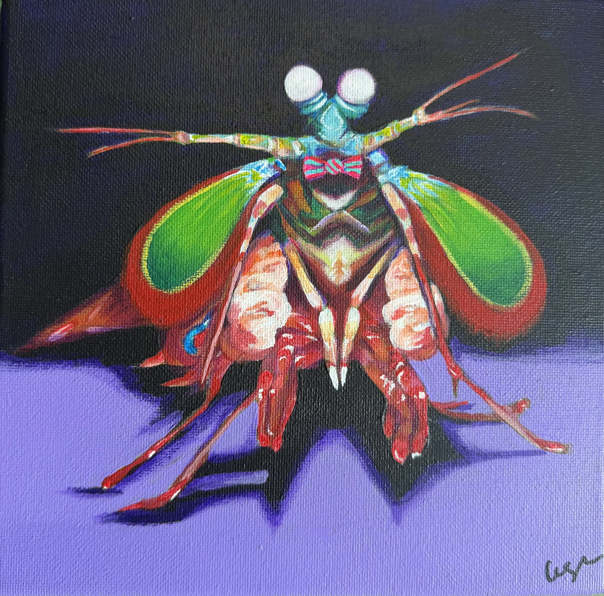 Mantis shrimp with bowtie, Acrylic on 8x8
