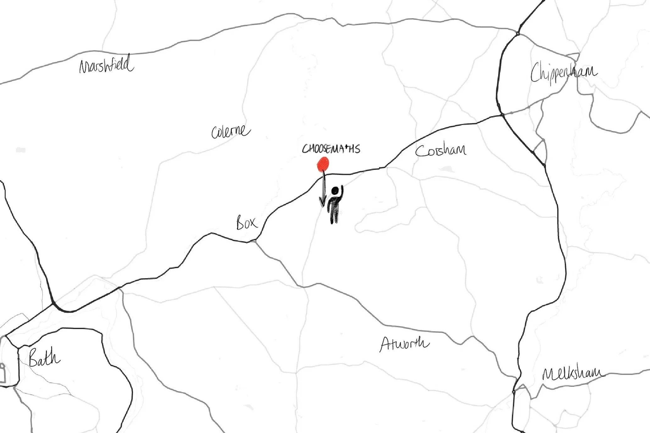 A hand-drawn map showing various towns and roads. Notable towns include Marshfield, Chippenam, Colerne, Corsham, Atworth, Melksham, Bath, and Box. A red dot marks the location labeled "Choose Maths" with a small figure pointing towards it.