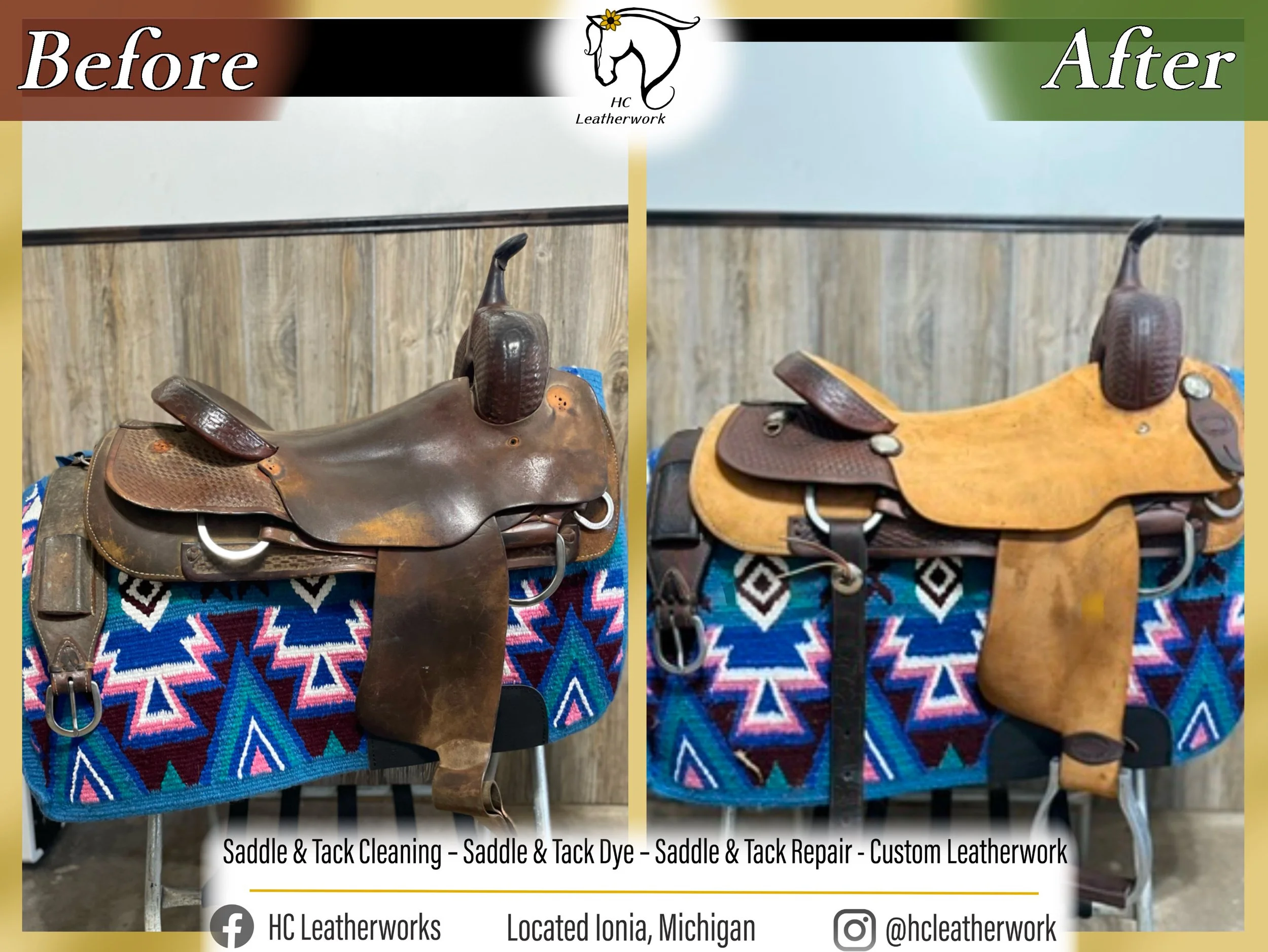 Comparison of a saddle before and after leatherwork, showing detailed leather cleaning, dyeing, and repair, with colorful patterned fabric underneath.