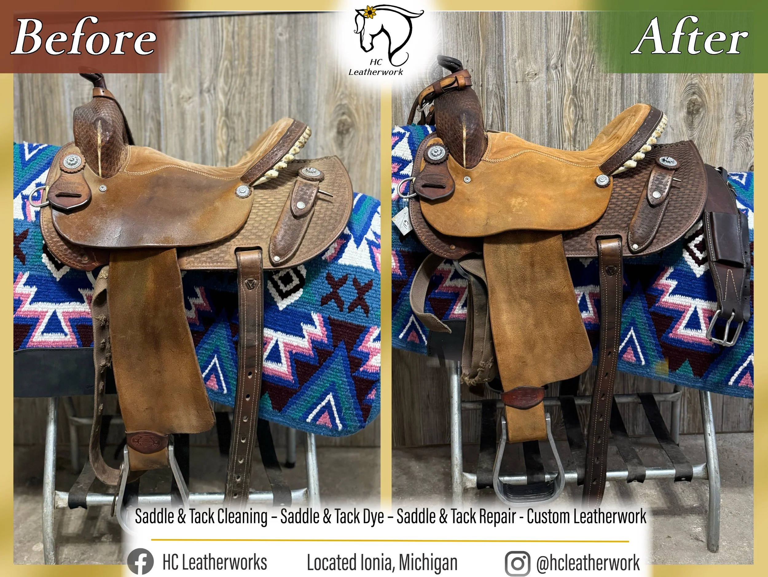Comparison of a leather saddle before (left) and after (right) cleaning, dyeing, and repair, displayed on a wooden background with colorful woven blanket underneath.