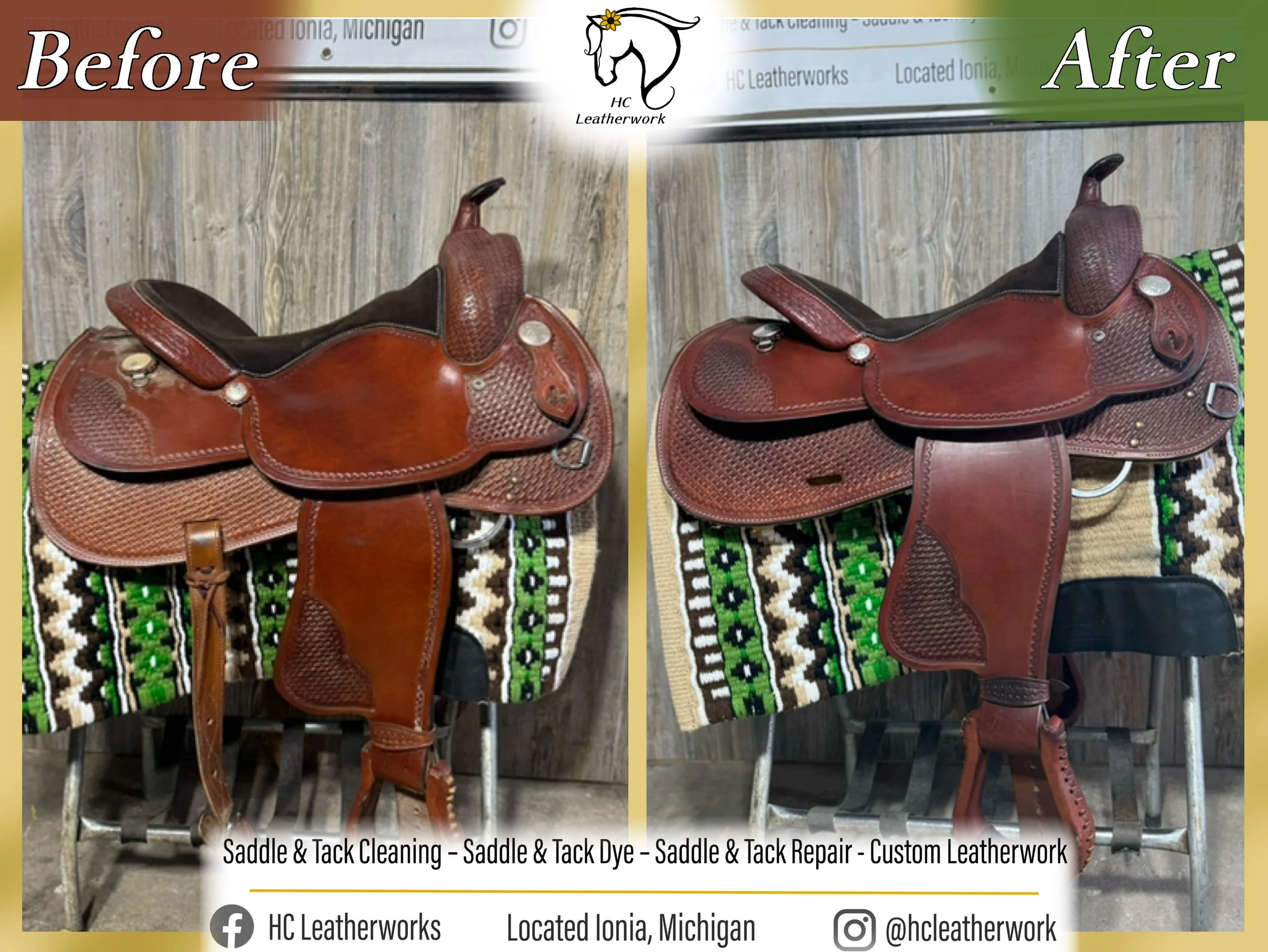 Comparison of a brown leather saddle before and after cleaning and repair, with a logo of a horse head and the text 'HC Leatherwork' at the top center, with contact information at the bottom.