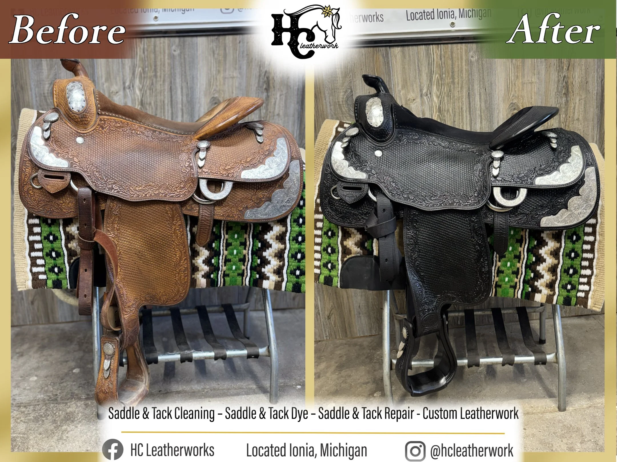 Comparison of two leather saddles, one before cleaning and dyeing, and the other after. The 'before' saddle is brown with detailed tooling and silver accents, appearing faded and worn. The 'after' saddle is black with the same detailed tooling and si