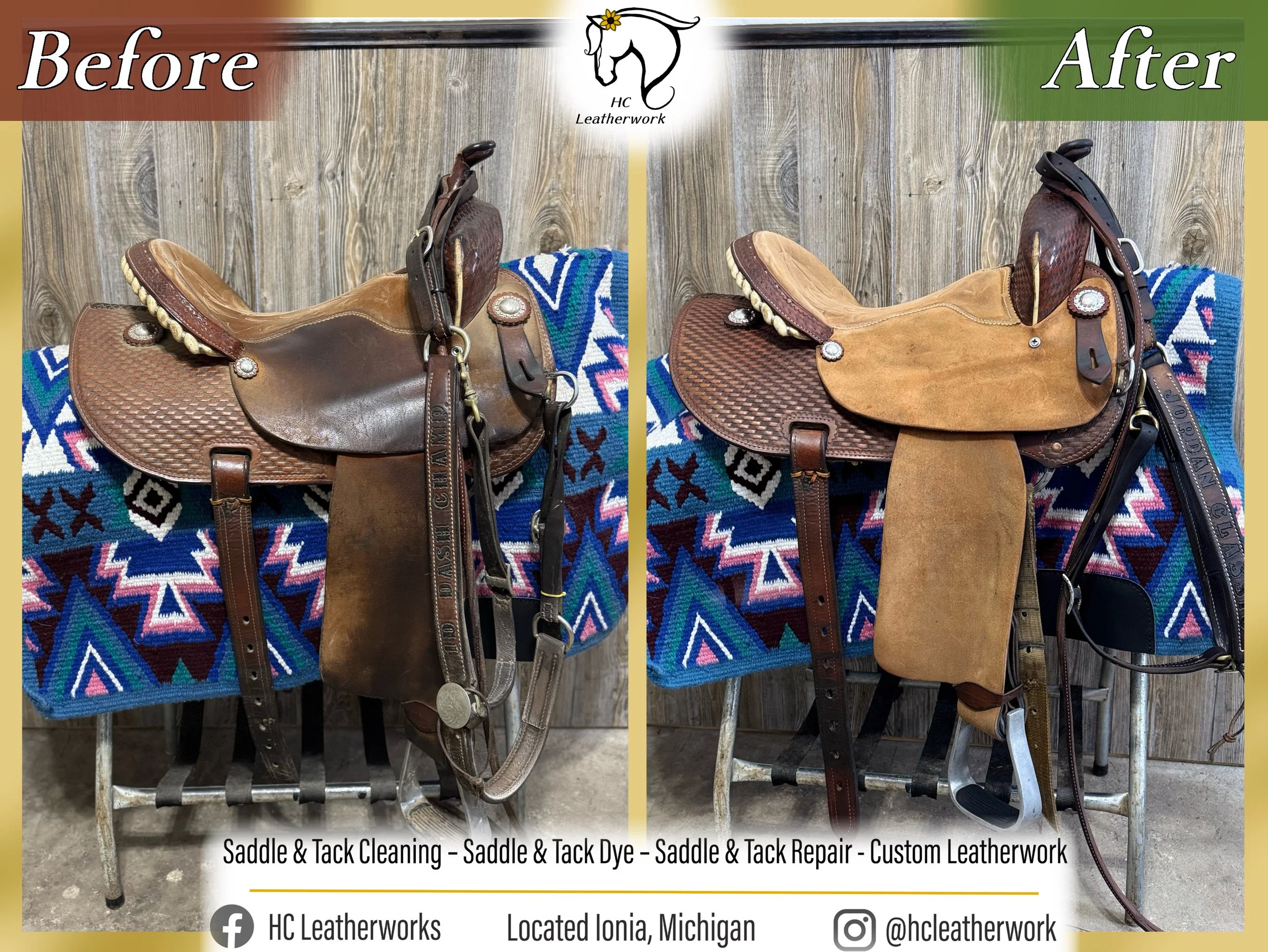 Comparison of two horse saddles, showing before and after cleaning, dyeing, repair, and custom leatherwork, with colorful patterned fabric underneath, set against a wooden background.