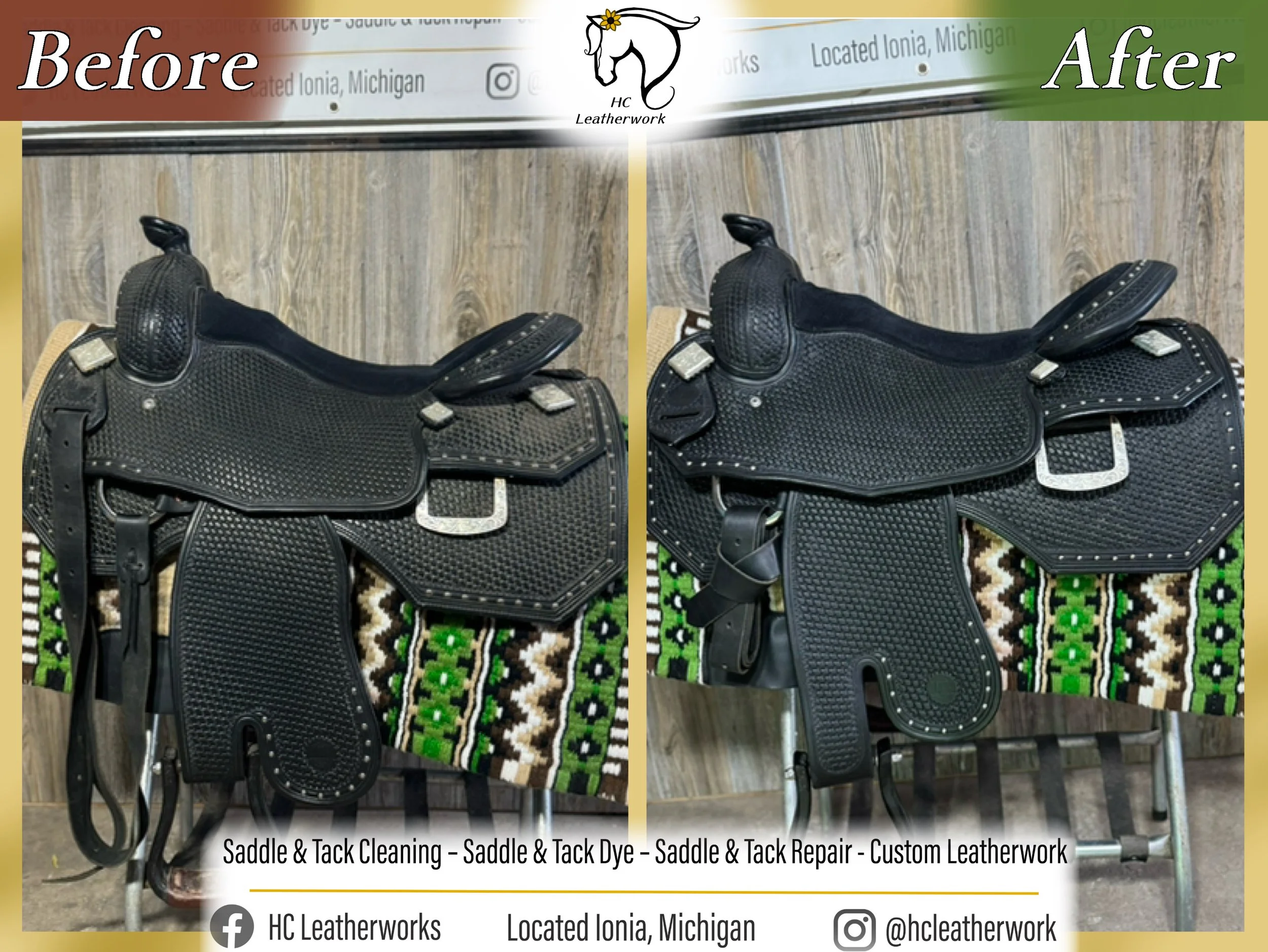 Comparison of a saddle with and without leatherwork repair, showing before and after images on a wooden surface, with a banner indicating services like saddle and tack cleaning, dyeing, repair, and custom leatherwork.