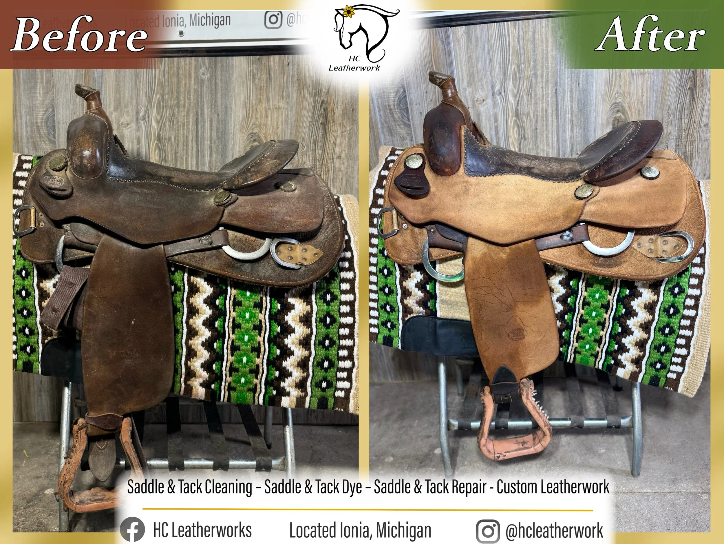 Comparison of a worn saddle before and after cleaning, dyeing, and repair, placed on a patterned cloth with a wooden background.
