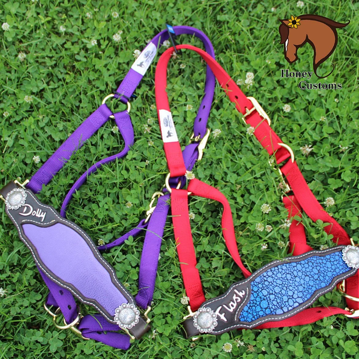 Three colorful dog harnesses, one purple, one red, and one purple with blue, laid on grass with small white flowers. The harnesses have decorative name plates, with the purple one labeled 'Dolly' and the blue one labeled 'Funky'.