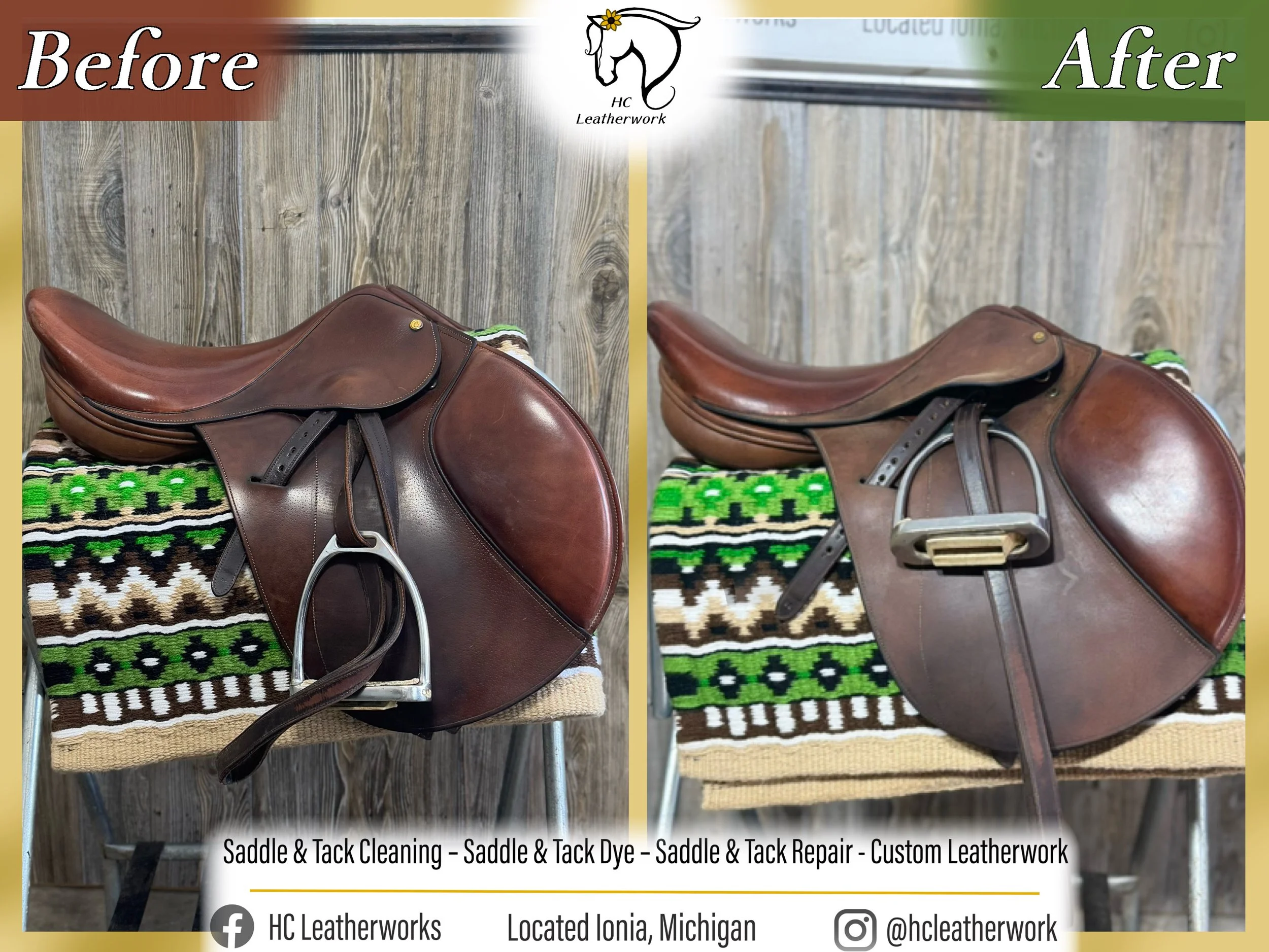 Before and after images showing the restoration of a leather saddle, demonstrating saddle and tack cleaning, dyeing, repair, and custom leatherwork. The saddle appears more polished and restored in the after image. The logo of HC Leatherwork is at th
