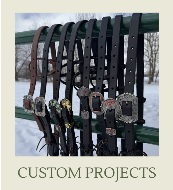 Several leather belts with decorative buckles hanging on a green metal bar, labeled 'Custom Projects'.