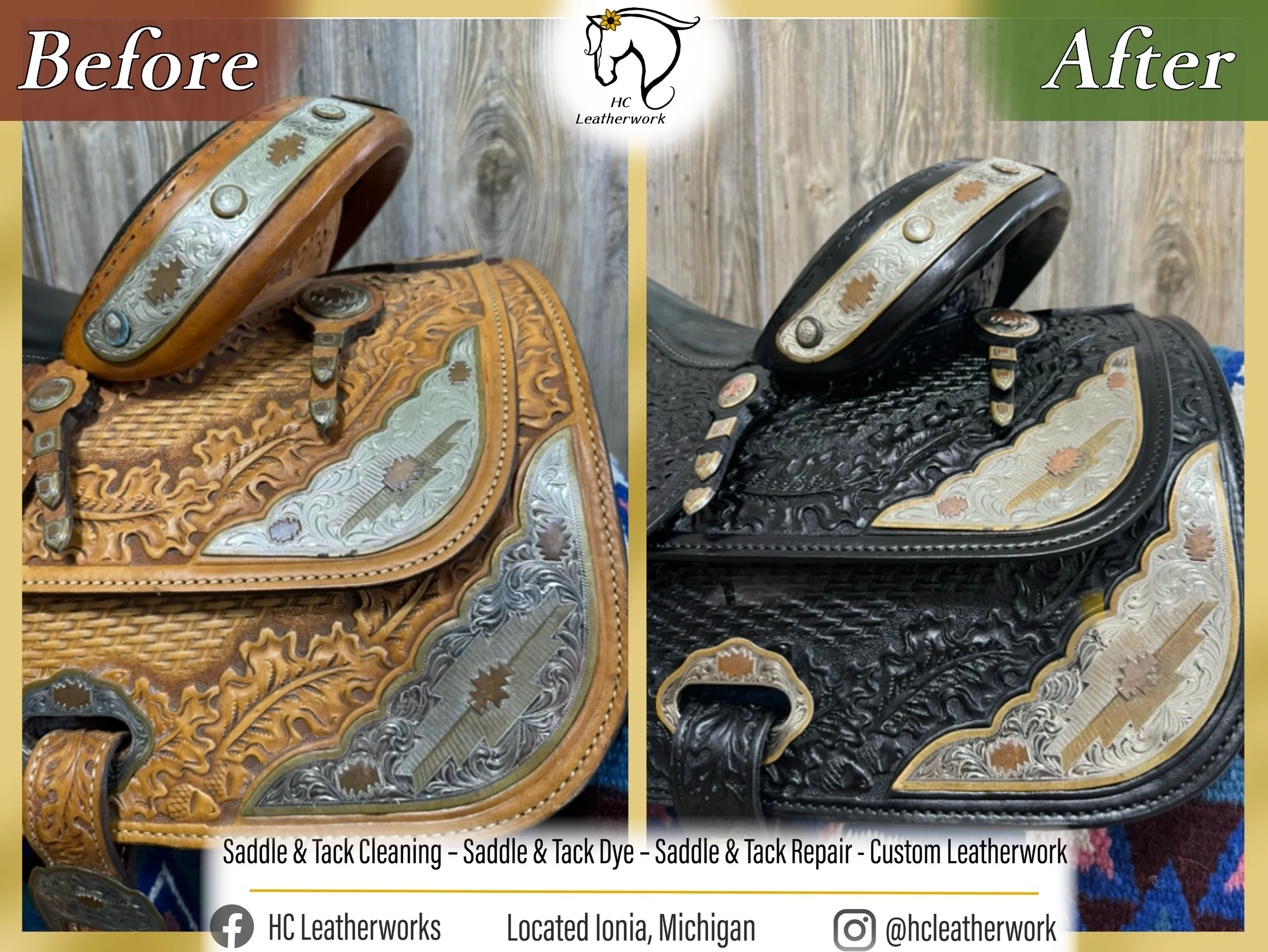 Side-by-side comparison of a leather saddle before and after cleaning, dyeing, repair, and custom leatherwork. The saddle on the left is light brown with detailed tooling, and the saddle on the right is black with similar tooling, showcasing the resu