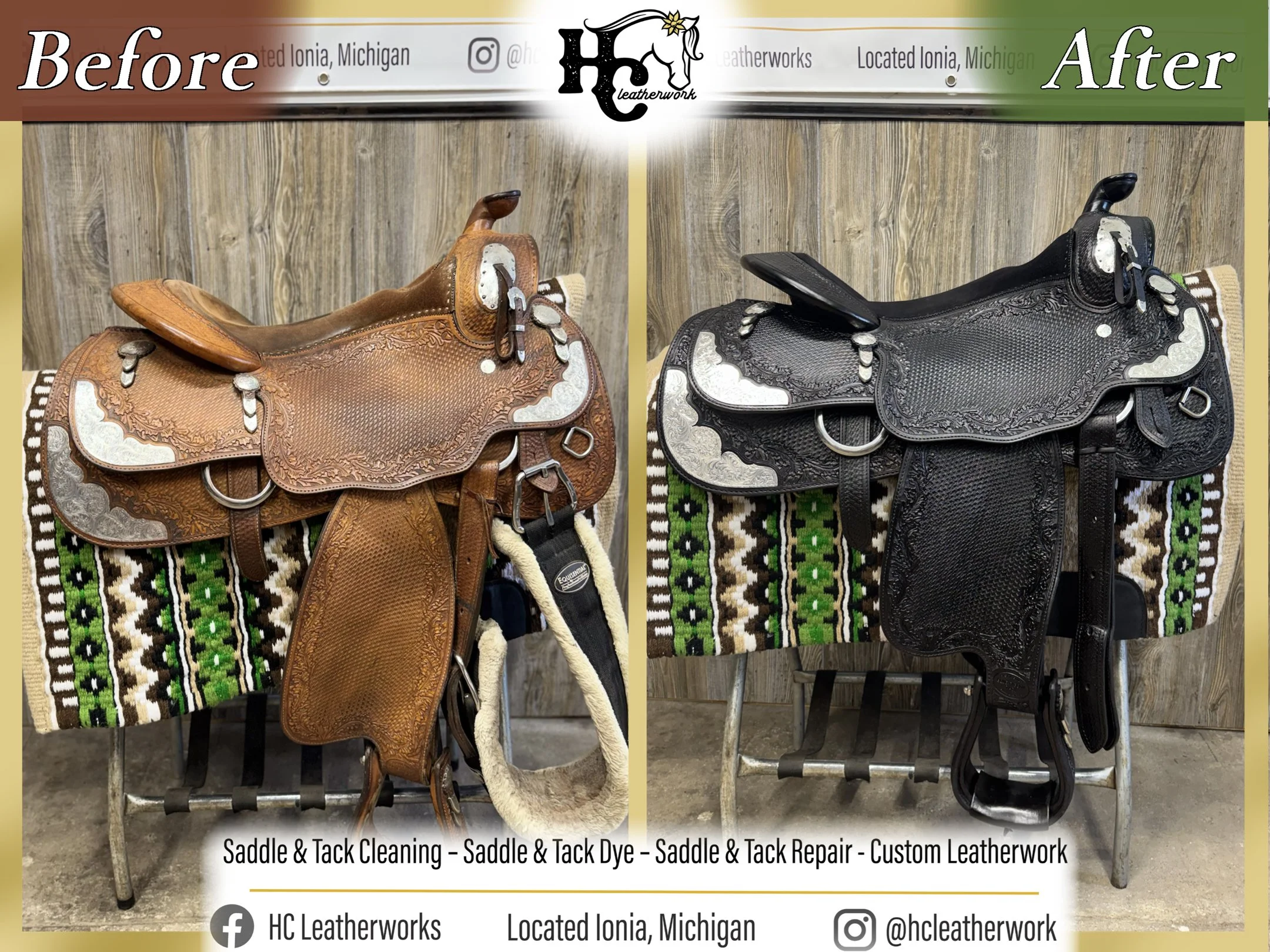 Side-by-side comparison of a brown leather saddle and tack before and after cleaning, dyeing, and repair. The left shows a worn, lighter brown saddle called 'Before,' and the right shows a restored, darker black saddle labeled 'After.' Both are displ