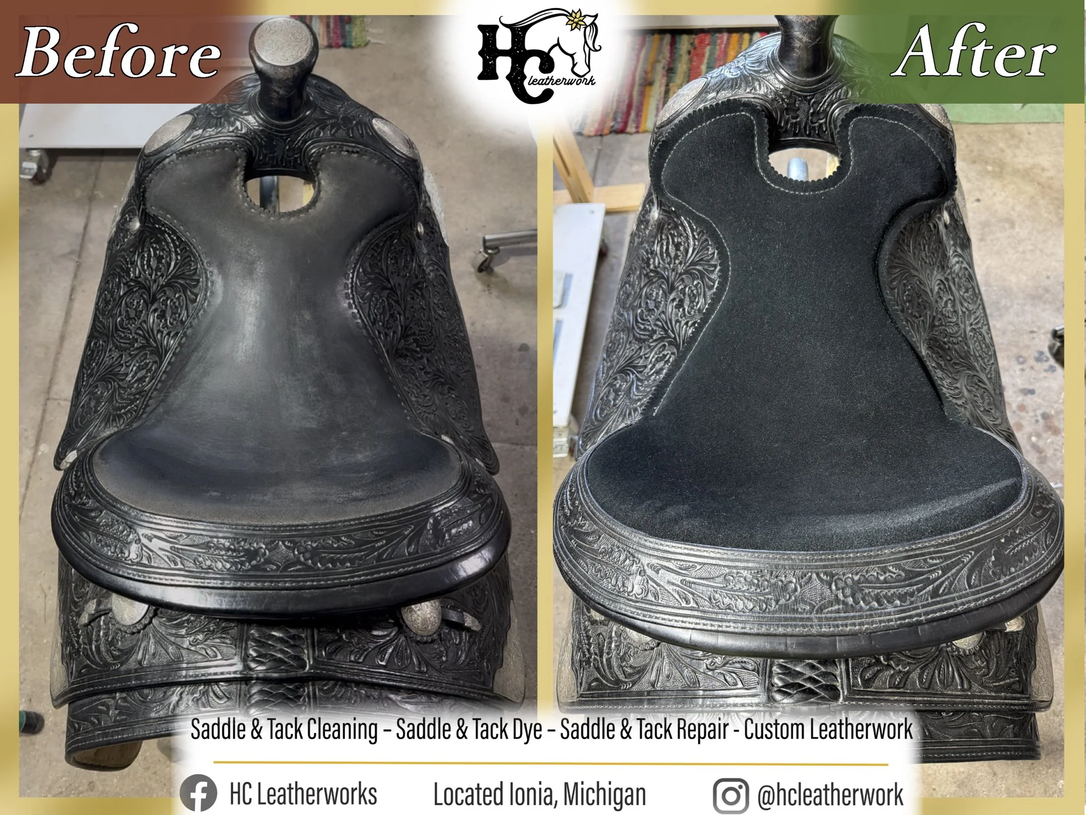 Comparison of a black leather saddle before and after cleaning and repair. The left side shows a saddle with dull, dirty leather, and the right side shows a cleaned, restored saddle with a more vibrant finish. The background includes a workshop setti