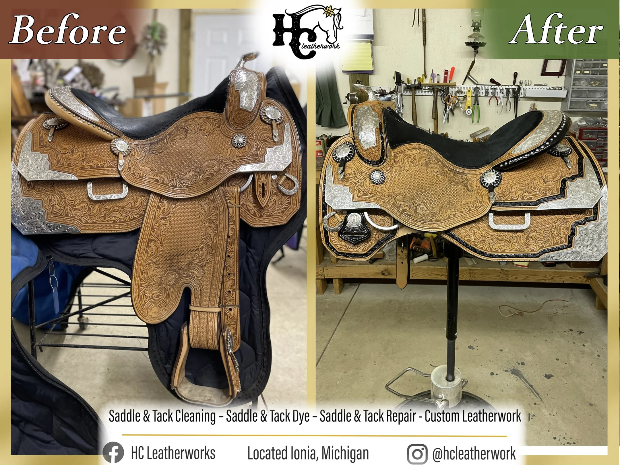 A side-by-side comparison of a leather saddle before and after cleaning, dyeing, and repair. The left shows the original saddle with dull color and damage, while the right shows the restored saddle with polished, vibrant leather. The background featu