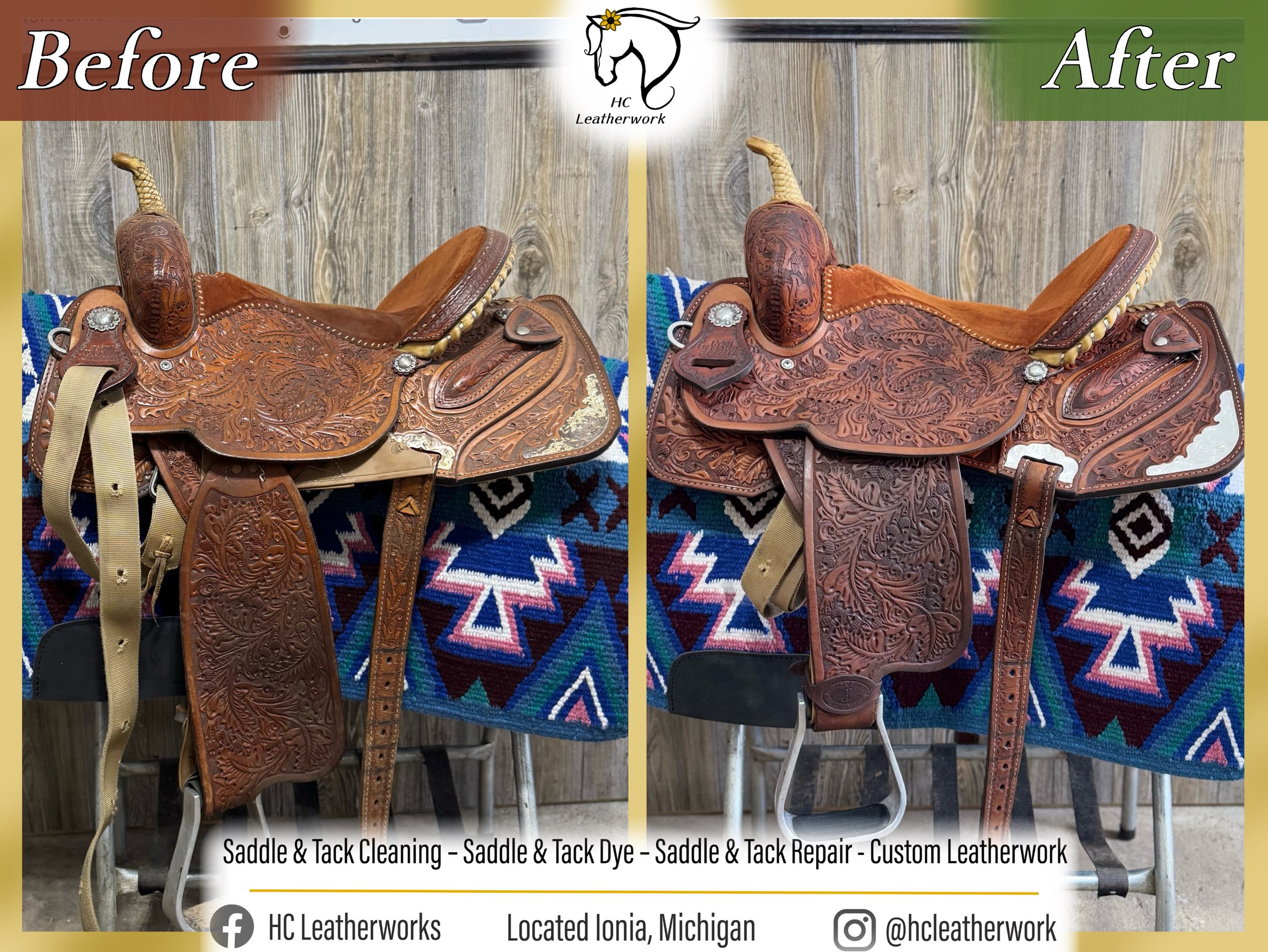 Before and after images of a wooden saddle with intricate carving, showing the saddle before cleaning and dyeing on the left, and after on the right. The saddle features floral and scroll patterns, with a yellow and brown color scheme, against a wood