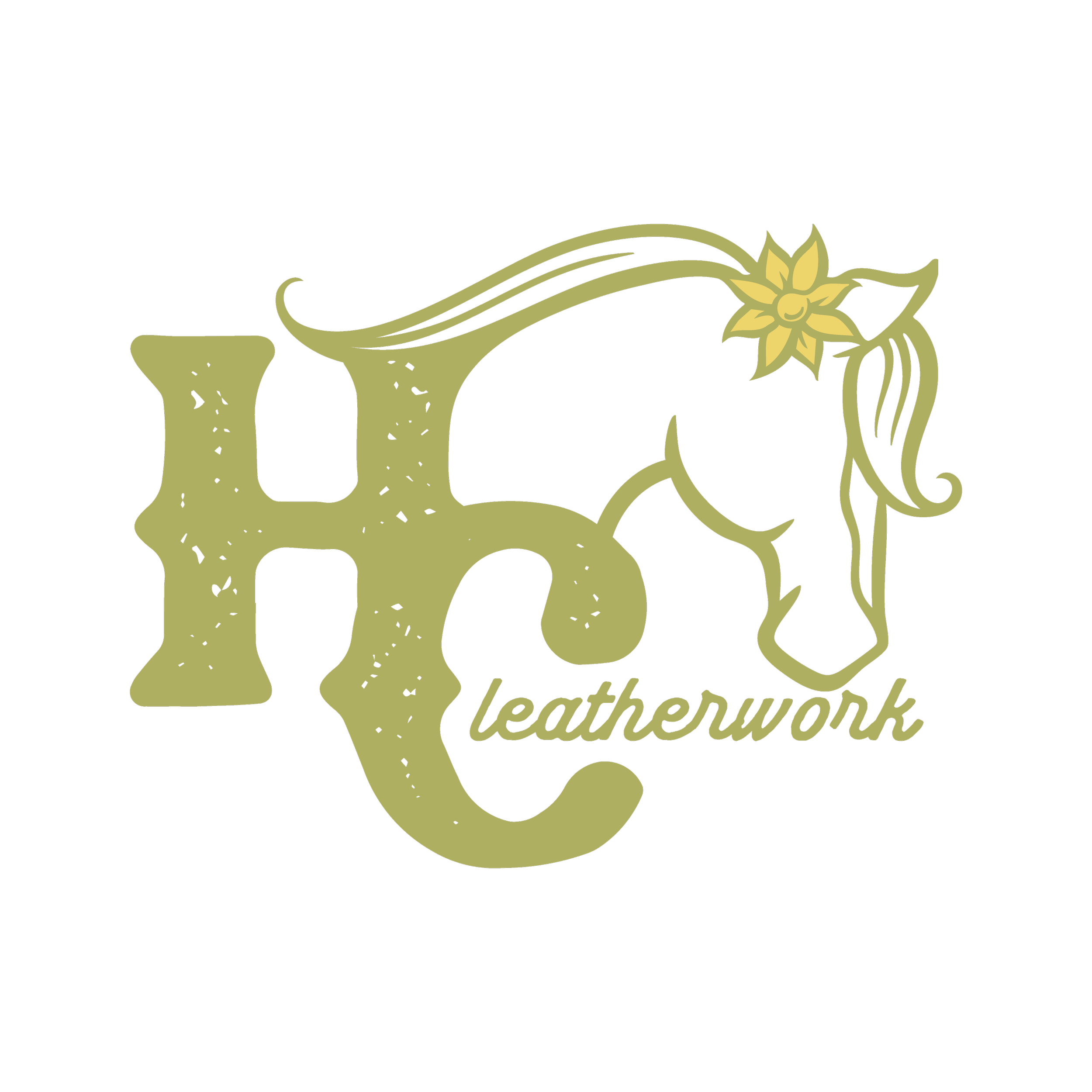 Stylized graphic of a giraffe with a leafy pattern, the words "leatherwork" written below.