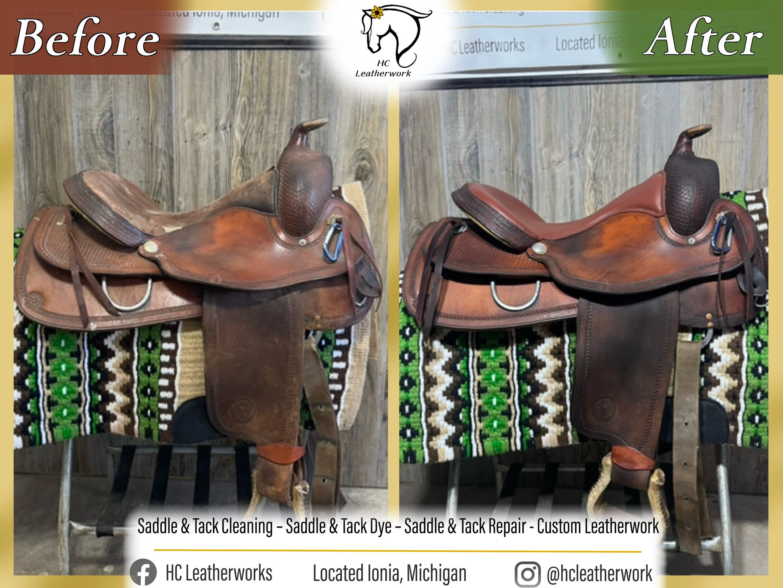 A side-by-side comparison of a leather saddle before and after cleaning and repair. The "before" saddle appears darker and dirtier, while the "after" saddle looks cleaner and well-maintained. The background shows a patterned rug, and the top banner d