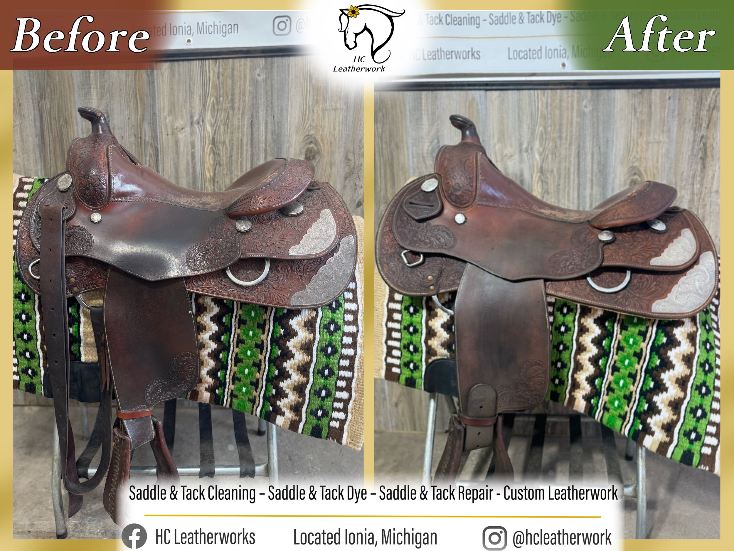 Side-by-side comparison of a leather saddle before and after cleaning and repair. The left image shows the saddle in a dull, dark condition, while the right image shows the saddle restored with a brighter, polished appearance. Both images feature a p