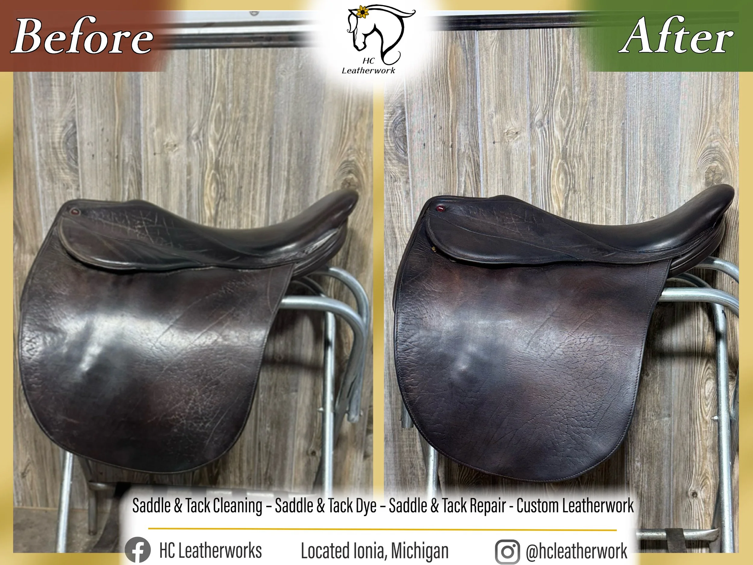 Comparison of a black leather saddle before and after cleaning, dyeing, and repair. The 'Before' saddle has scratches and a dull appearance, while the 'After' saddle has a smoother, shinier finish with fewer scratches.