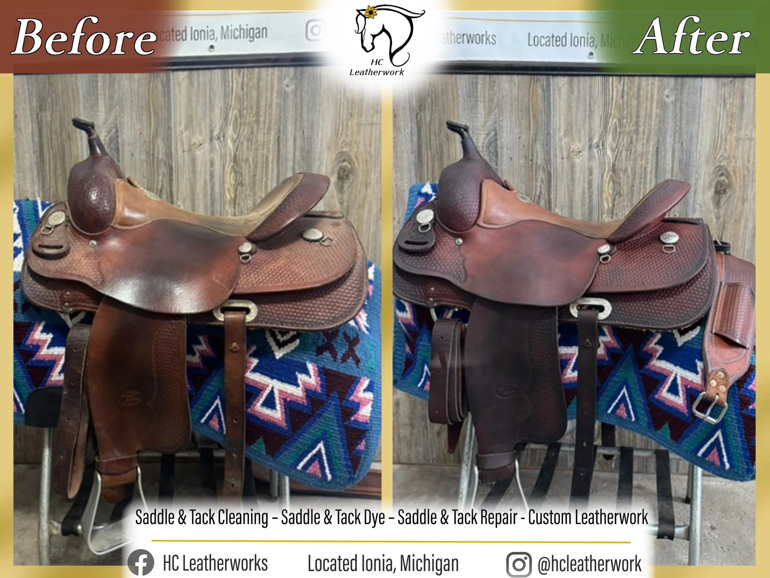 Comparison of two images of a brown leather Western saddle on a saddle stand with a colorful blanket underneath, showing before and after cleaning and repair of the saddle on a wooden background, with a logo at the top and social media information at