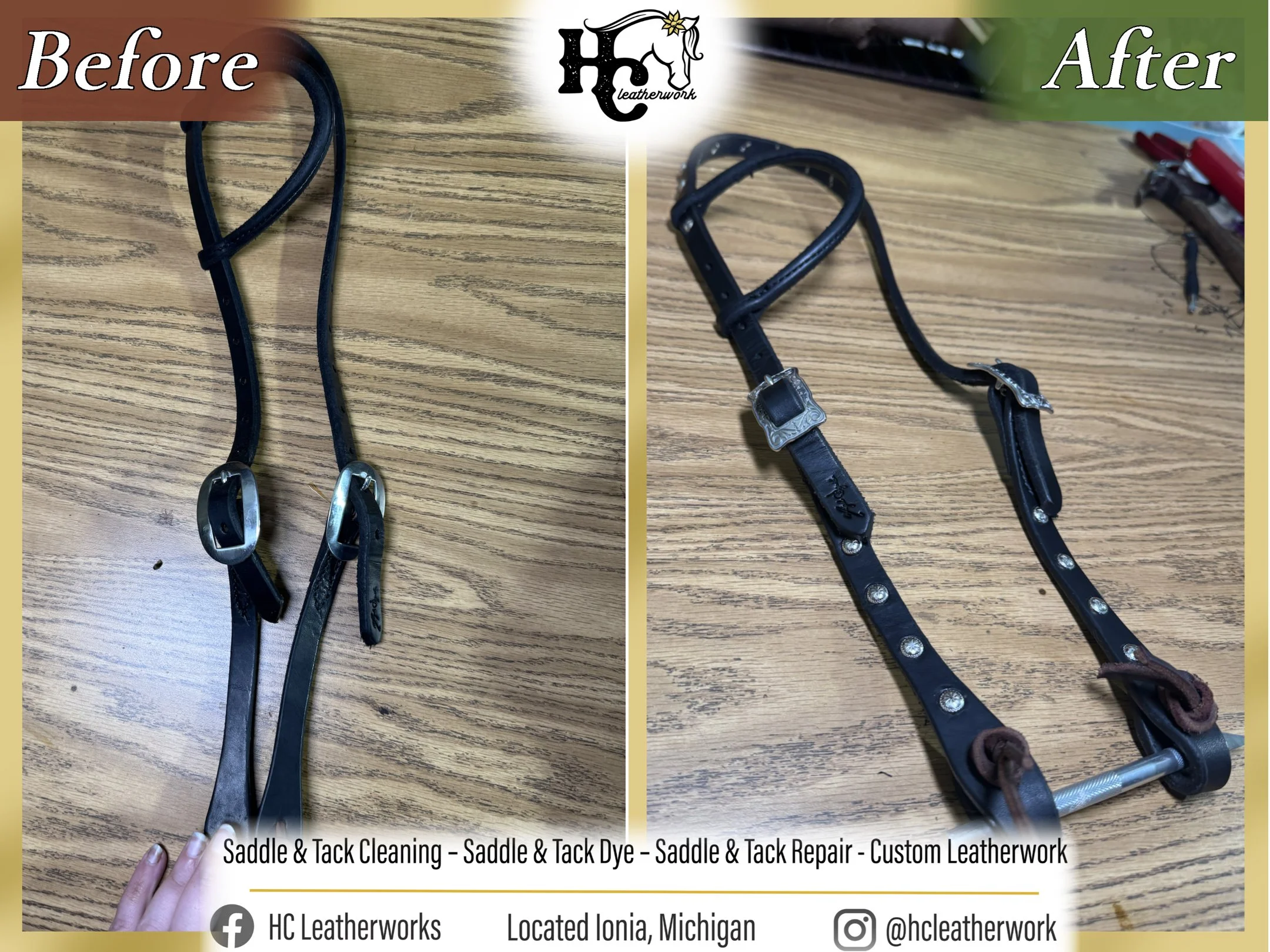 Comparison of two images showing leatherwork repair of horse tack. The 'Before' image shows a black leather bridle with dulled and worn buckles. The 'After' image shows the same bridle with polished buckles and newer appearance. Text overlay indicate