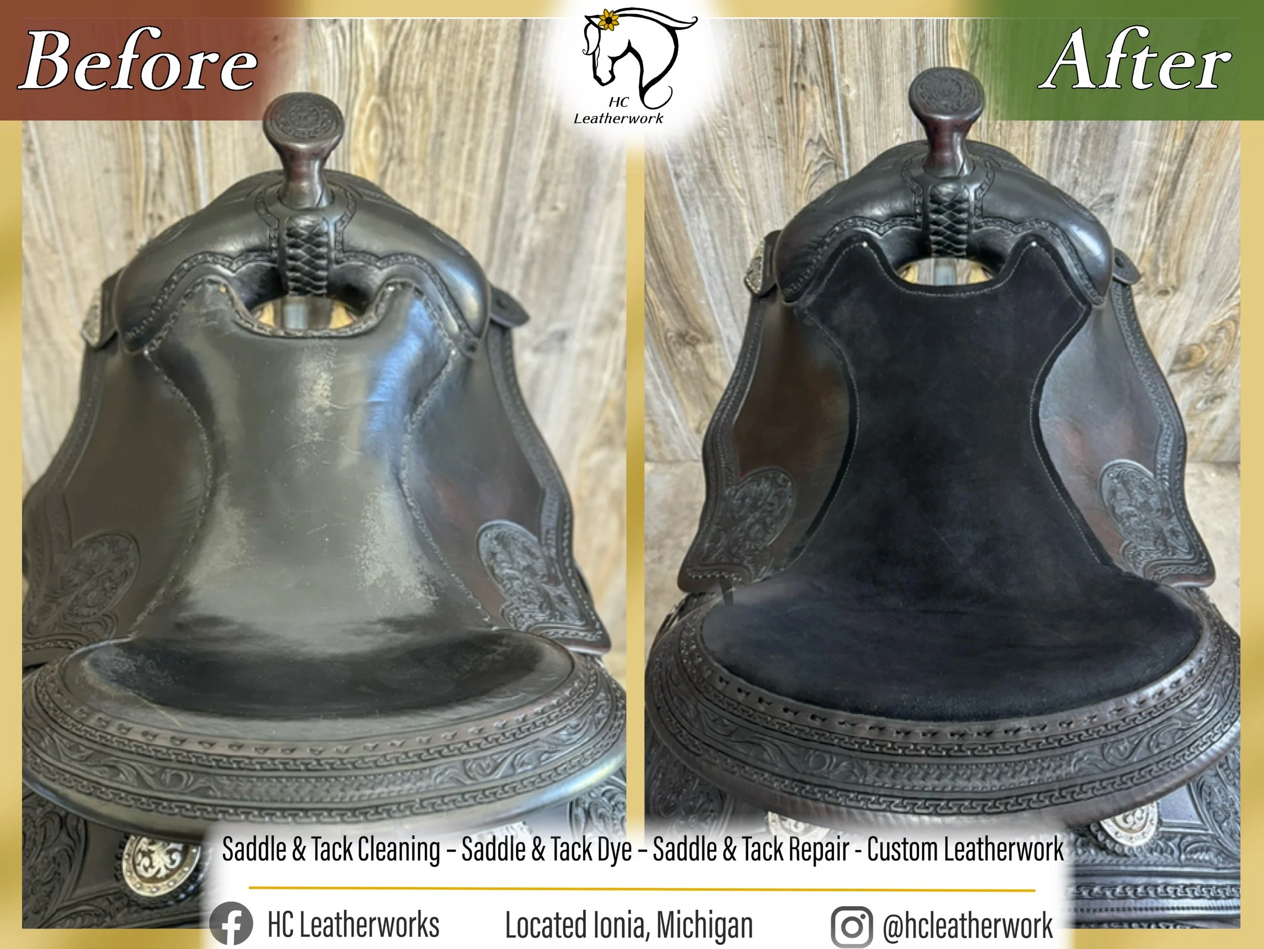 Before and after images of a black leather saddle showcasing cleaning, dyeing, and repair work by HC Leatherwork, with a decorative silver-colored metal base and wooden top.