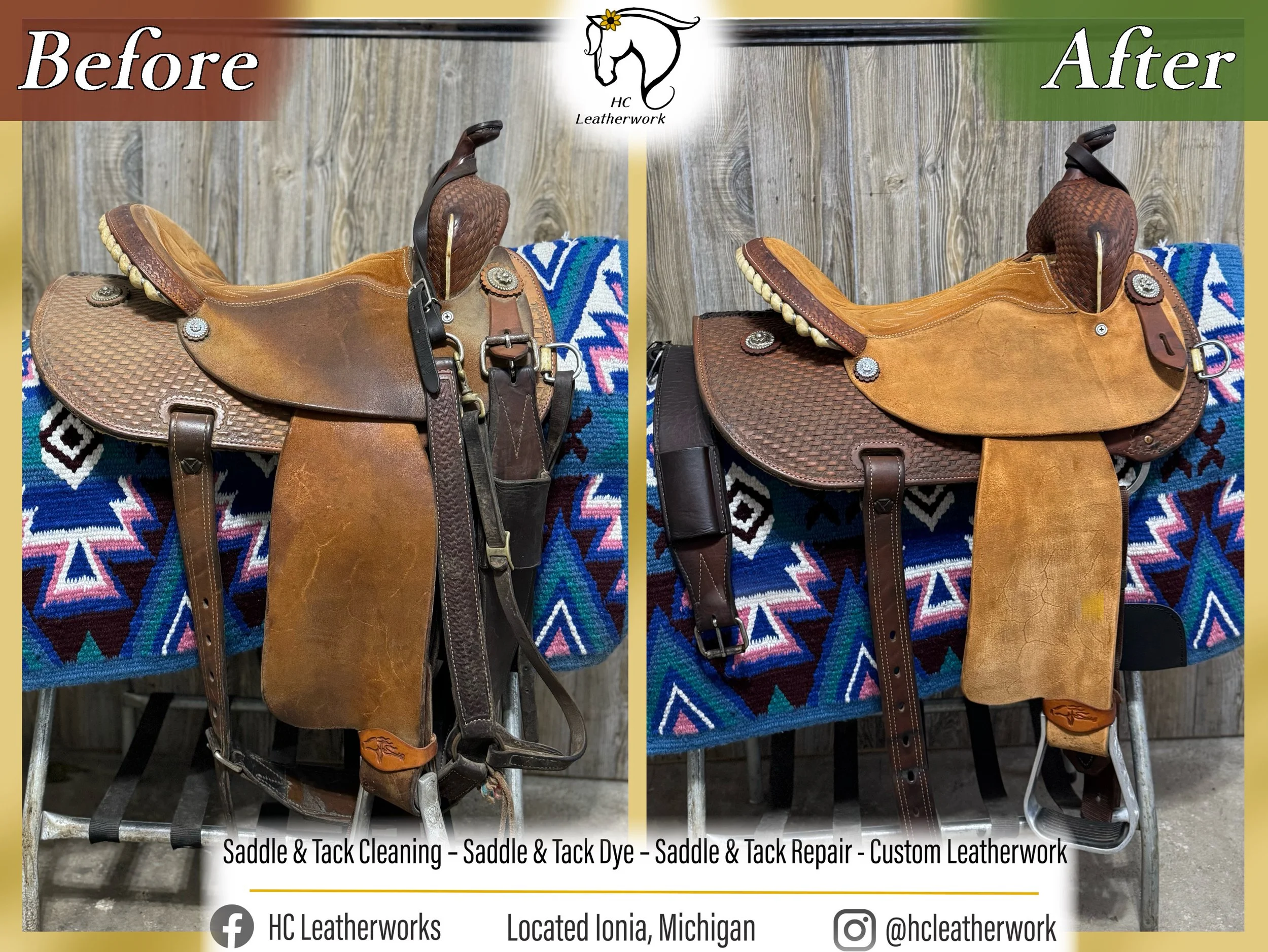 Before and after images of a saddle showing the results of saddle and tack cleaning, dye, repair, and custom leatherwork. The saddle is displayed on a colorful patterned blanket with a wooden background.