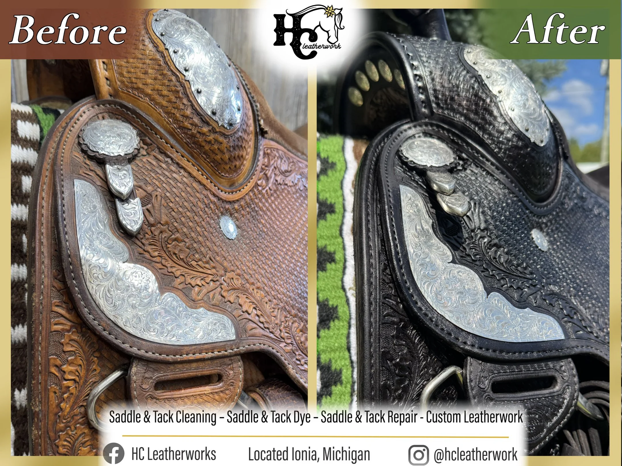 Comparison of a brown leather saddle before and after cleaning and repair, with detailed metalwork on the saddles. The left side shows the original saddle, and the right side shows the cleaned and repaired saddle, both featuring decorative metallic e