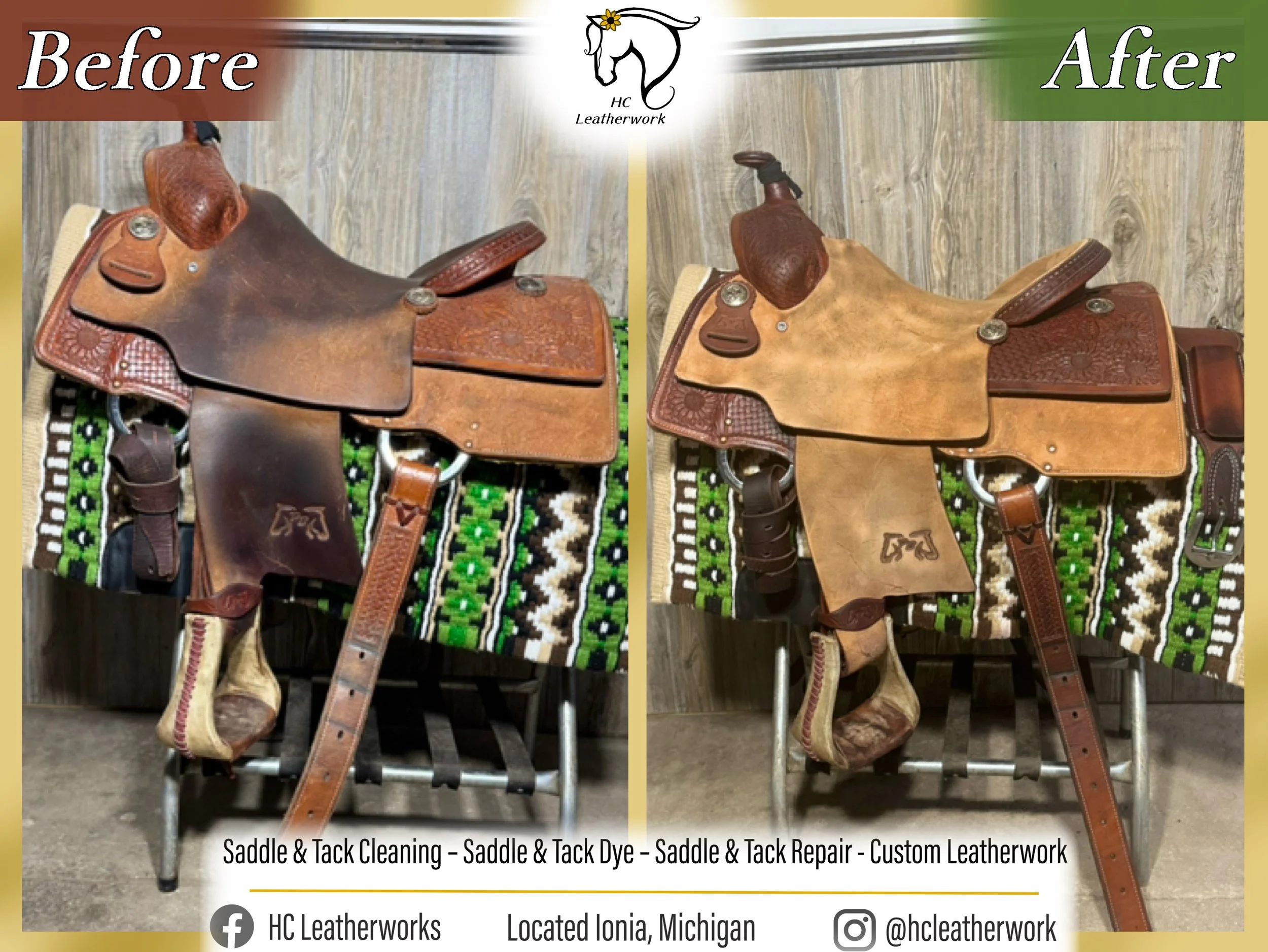 Side-by-side comparison of a leather saddle before and after cleaning, dyeing, and repair. The left side shows a saddle with darkened, dirty leather, while the right side shows a refurbished saddle with a cleaner, more polished appearance, both on a 
