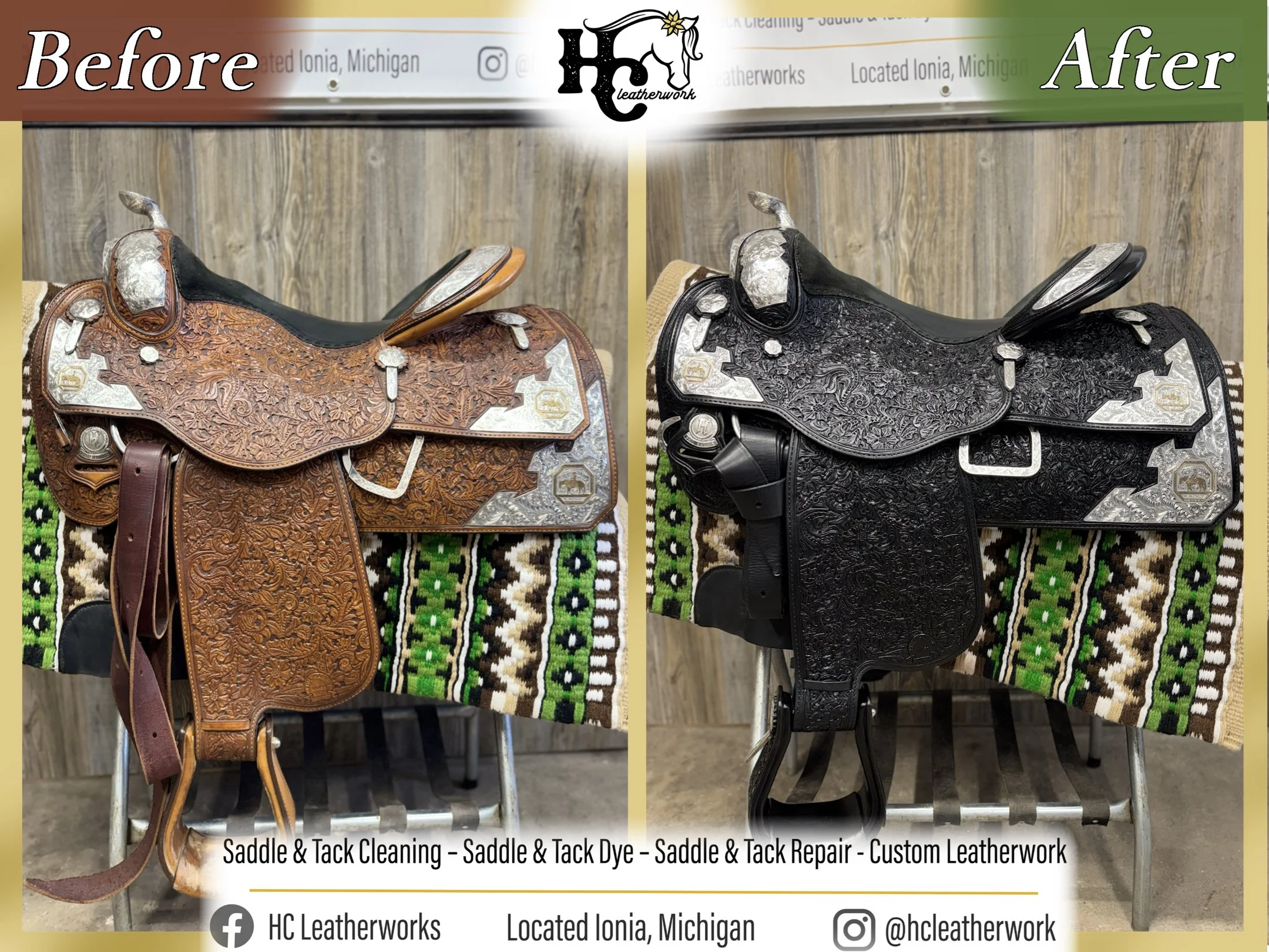 Comparison of a brown leather saddle before and after cleaning and dyeing, with intricate floral carvings and metal accents, on a patterned cloth.