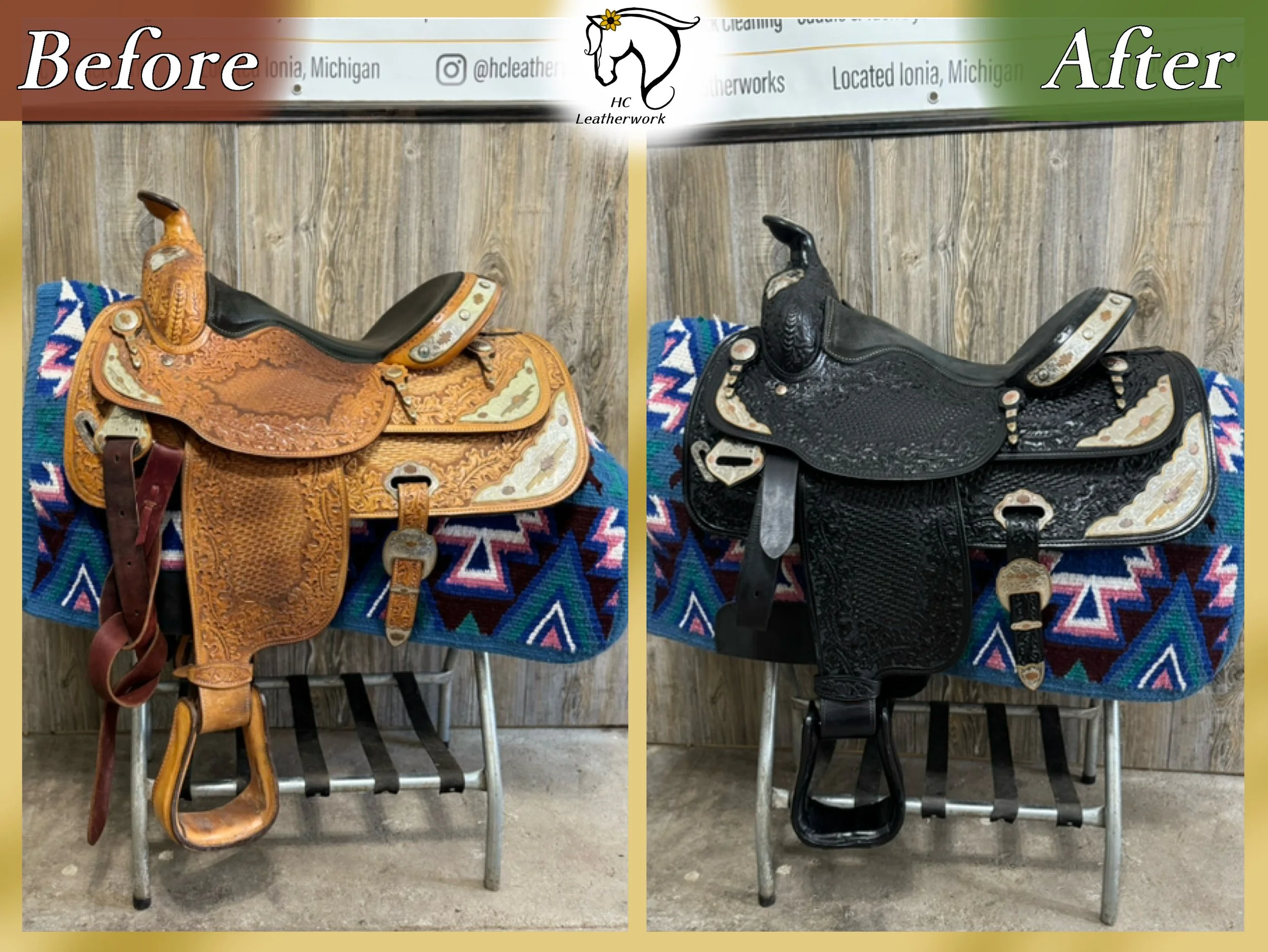 Side-by-side comparison of a decorative horse saddle, before and after leather restoration. The 'before' saddle is tan with intricate embroidery, and the 'after' saddle is black with similar detailed embroidery, both displayed on a chair with a color
