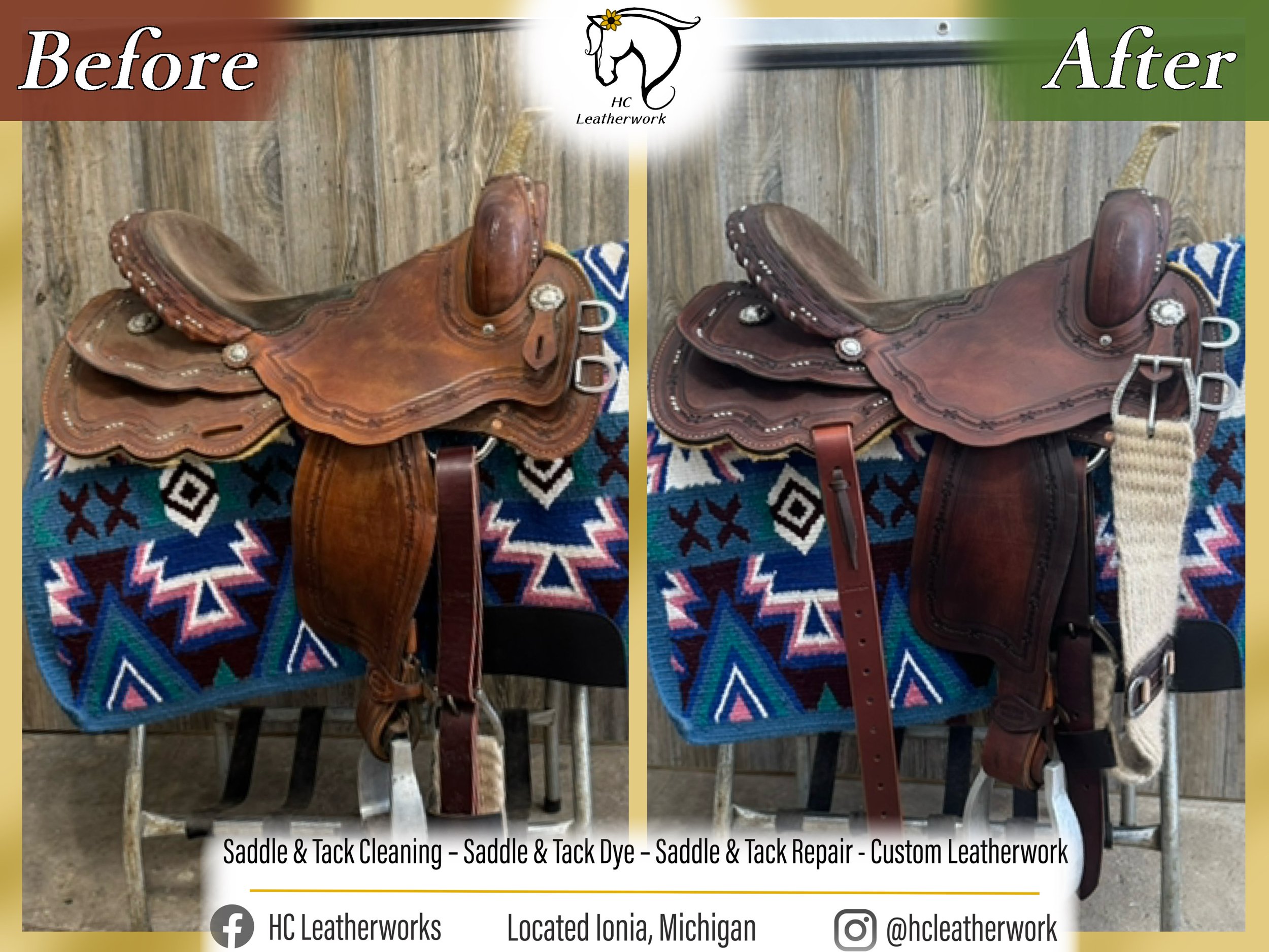 Side-by-side comparison of a leather saddle before and after cleaning, dyeing, repair, and custom leatherwork. The "Before" saddle is lighter and more worn, while the "After" saddle is darker and restored. The background features a wooden wall and a 