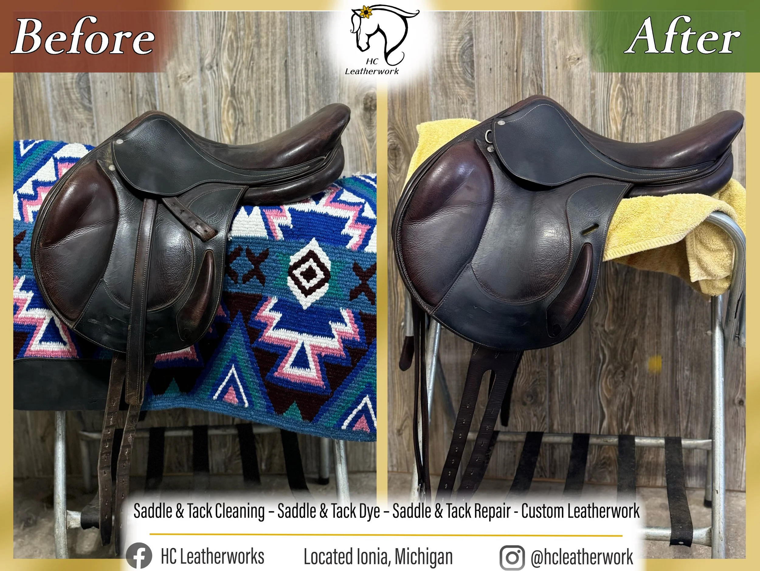 Before and after images showing a saddle that has been cleaned, dyed, and repaired. The saddle appears darker and more polished in the after photo. The background is a wooden wall, and the saddle is displayed on a chair with a colorful textile and a 