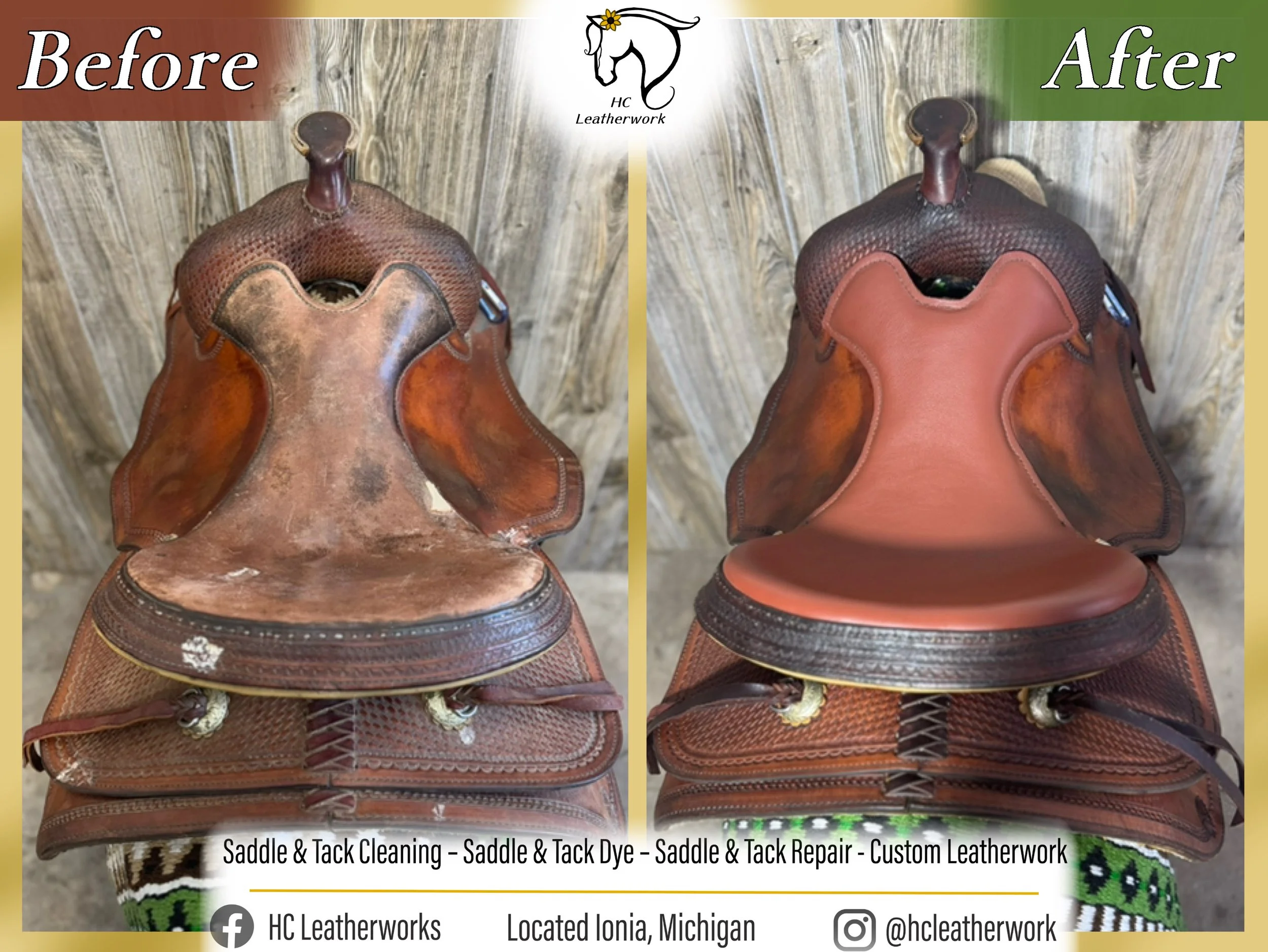 Comparison of cowboy boots before and after leatherwork repairs and dyeing. The 'before' boot shows worn, scuffed leather with exposed areas, while the 'after' boot is restored with smooth, dyed leather and repaired details.