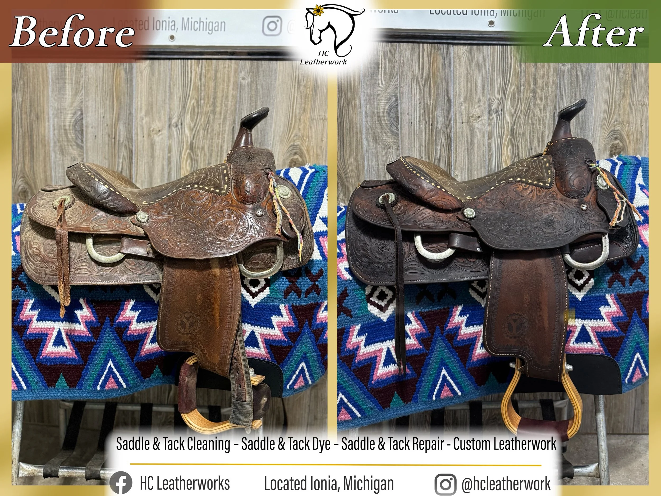 Comparison of a cowboy saddle before and after leatherwork treatment, on a colorful woven blanket with a wooden background.
