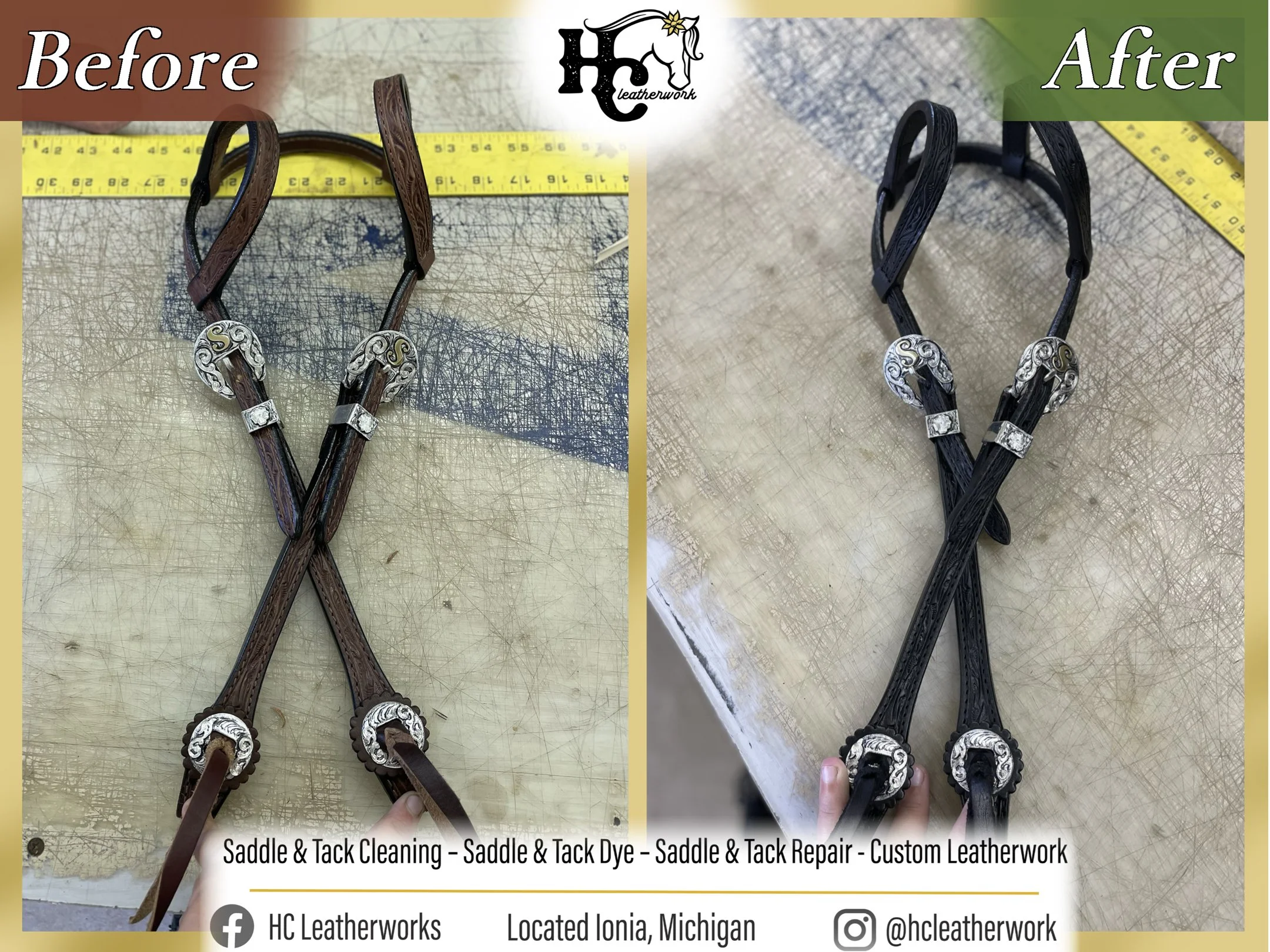 Comparison of leatherwork before and after cleaning, dyeing, and repair. Left side shows the leather in its original, worn condition. Right side shows the leather restored and dyed black with new metal accents.