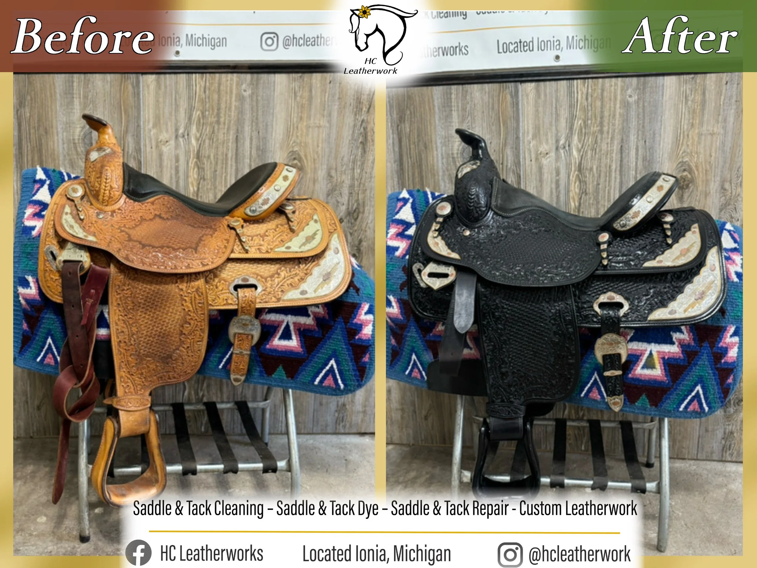 Comparison of leather saddle before and after cleaning, dyeing, repairing, and custom leatherwork, with a colorful woven cloth underneath.