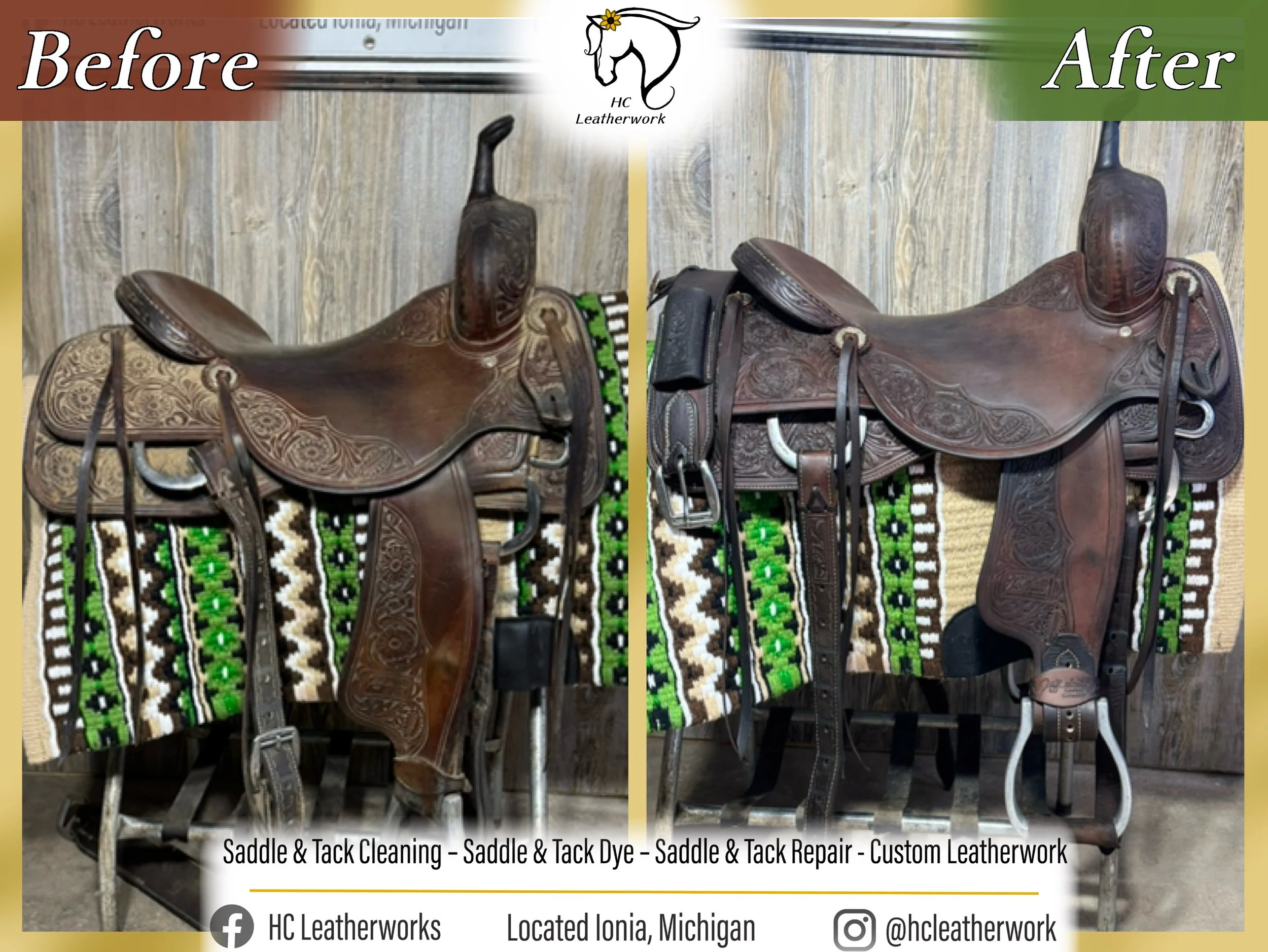 Comparison of a horse saddle before and after being cleaned, dyed, repaired, and customized by HC Leatherwork. The saddle on the left appears dirty and worn, while the saddle on the right looks polished and restored.