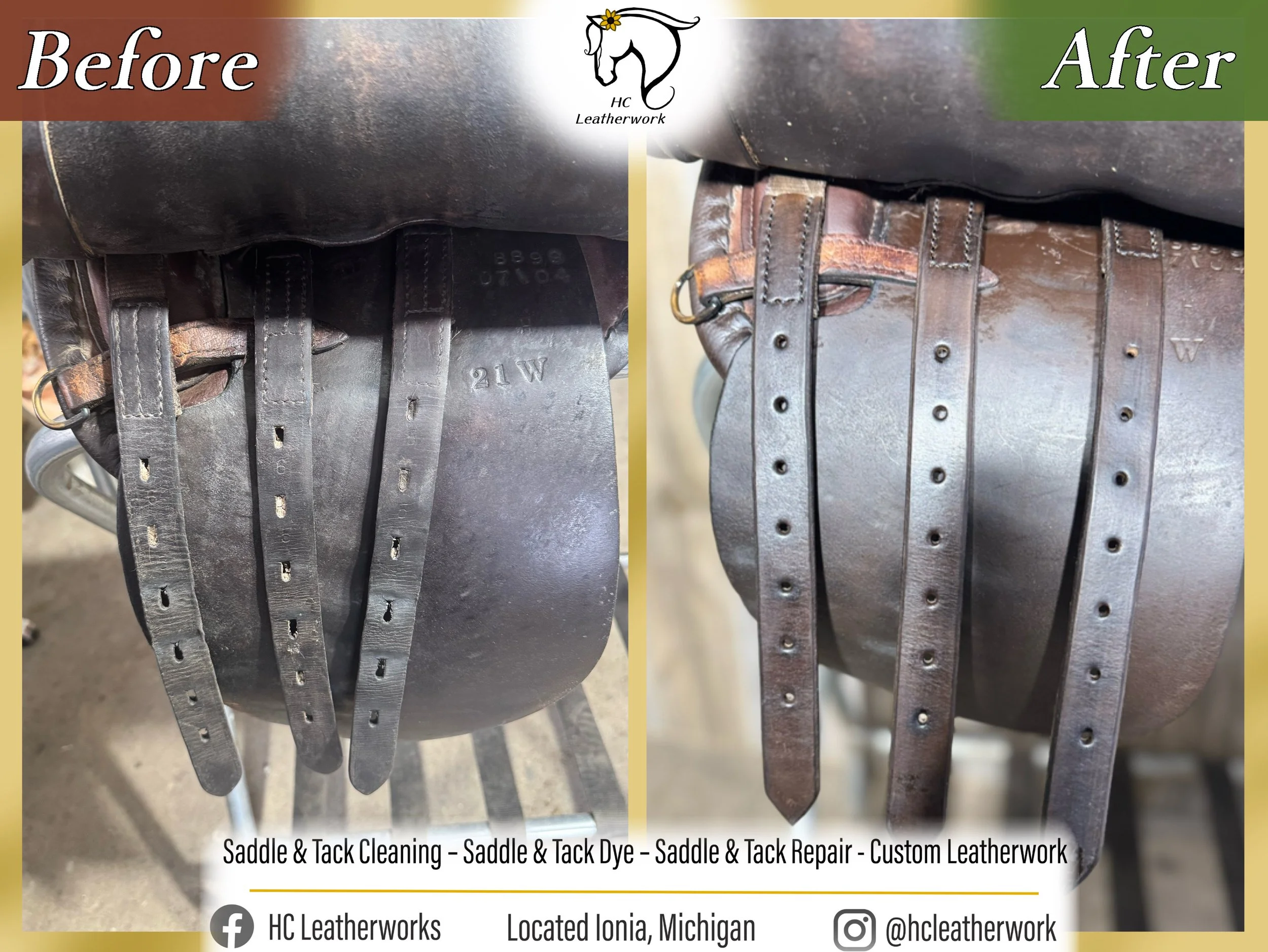 Comparison of saddle leather before and after cleaning, dyeing, and repair, showing improved condition of the leather on the right.